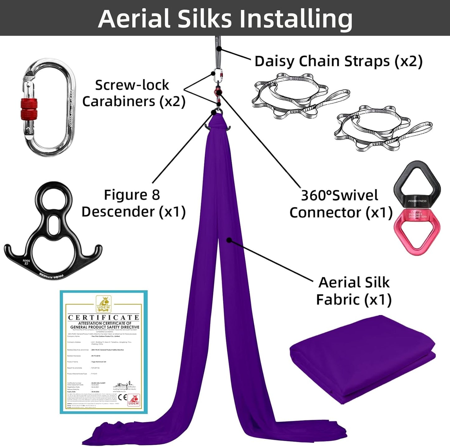 PRIOR FITNESS Aerial Silks Kit Colorful 9/15/20 Yards 40D Nylon Fabric Hammock Set With Hardware & Guide for All Levels Of Aerial Yoga Practice and Acrobatic Flying For Adults Aerial silk