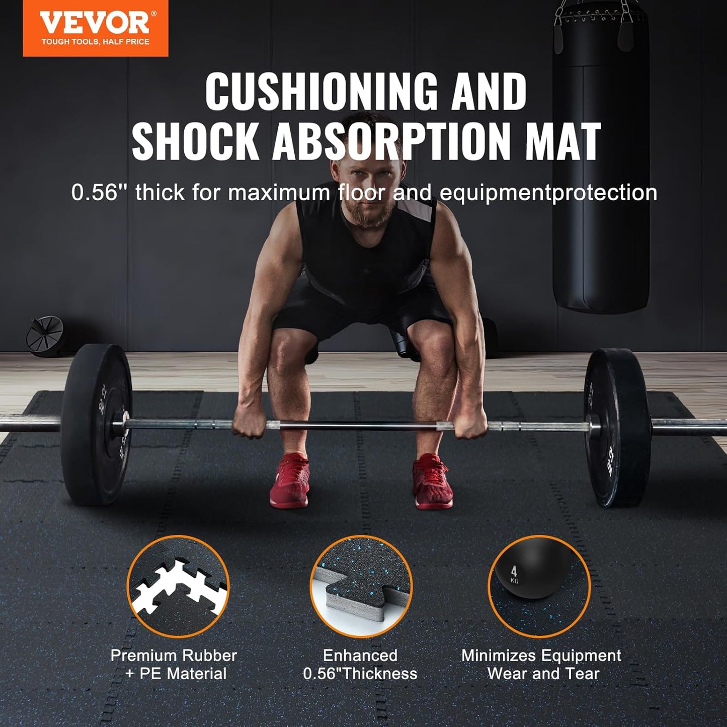 VEVOR 0.56 Inch Thick Gym Floor Tiles, 25 Tiles Rubber Top with EVA Foam, 25" x 25" Gym Flooring Workout Mats with 100sq.ft Coverage, Interlocking Puzzle Gym Mats for Gym, Home, Garage, Black & Blue