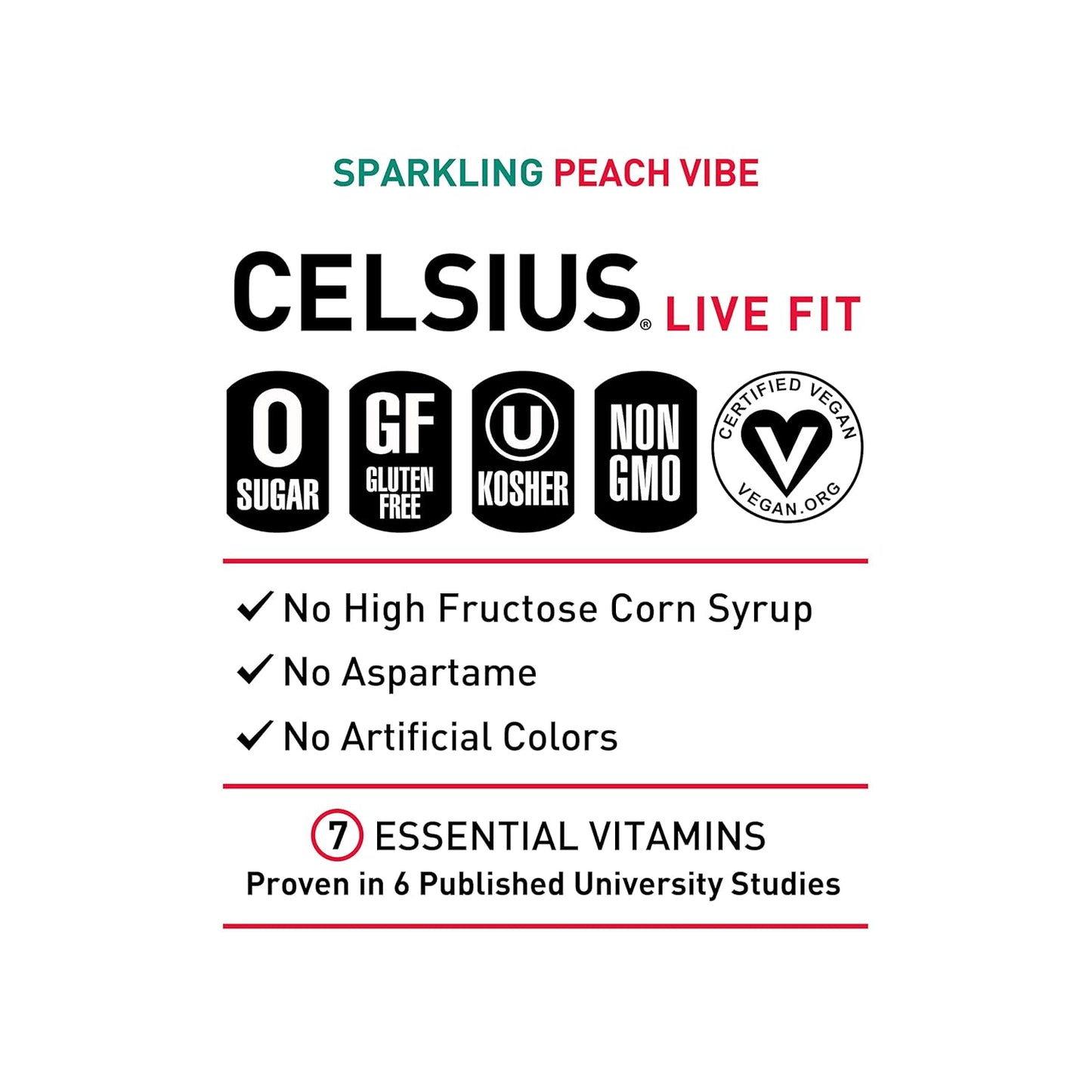 CELSIUS Sparkling Peach Vibe, Functional Essential Energy Drink 12 Fl Oz (Pack of 4)