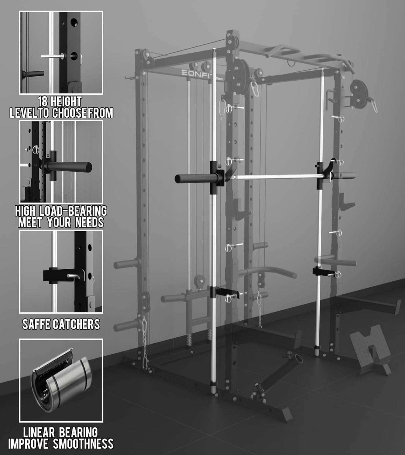 Eonfit E3 Smith Machine with 360°Rotating Arm for Home Gym Equipment, Multi-Function Power Cage Squat Rack with Cable Crossover LAT Pulldown Pulley System All in One