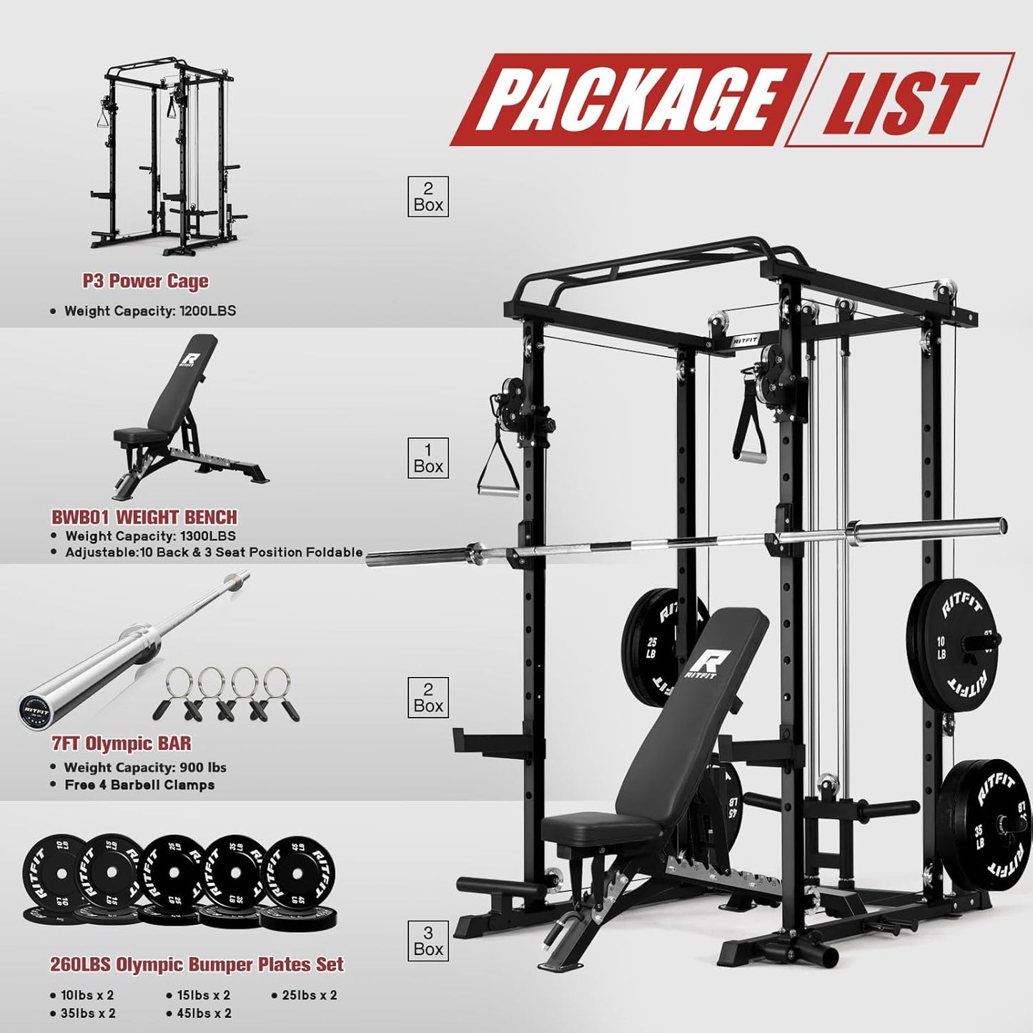 RitFit Power Cage with Optional LAT PullDown/Cable Crossover, 1000LB Squat Rack for Home & Garage Gym, with Weight Storage Rack and More Training Attachments, ASTM-Certified