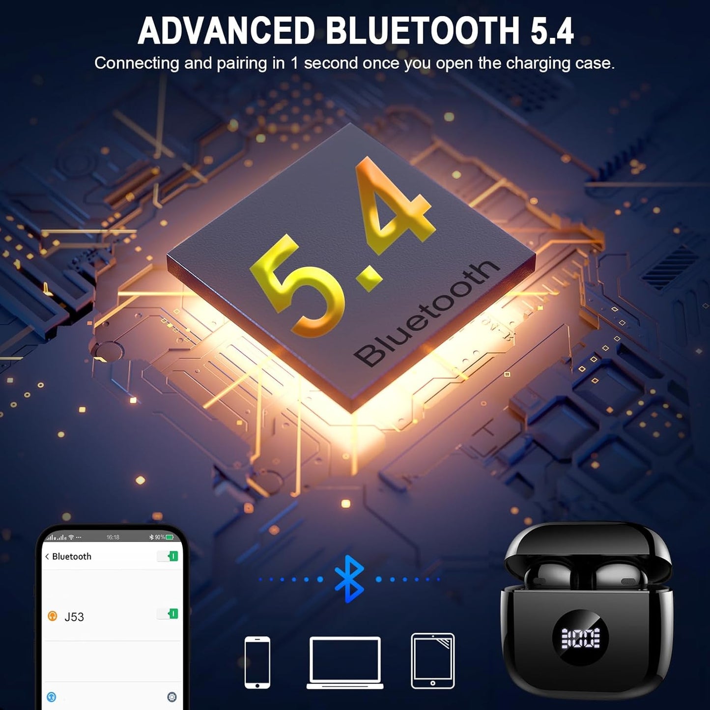 Wireless Earbuds, Bluetooth 5.4 Ear Buds LED Power Display Headphones Bass Stereo, Bluetooth Earbuds in-Ear Noise Cancelling Mic, 40H Playback Mini Case IP7 Waterproof Sports Earphones for Android iOS