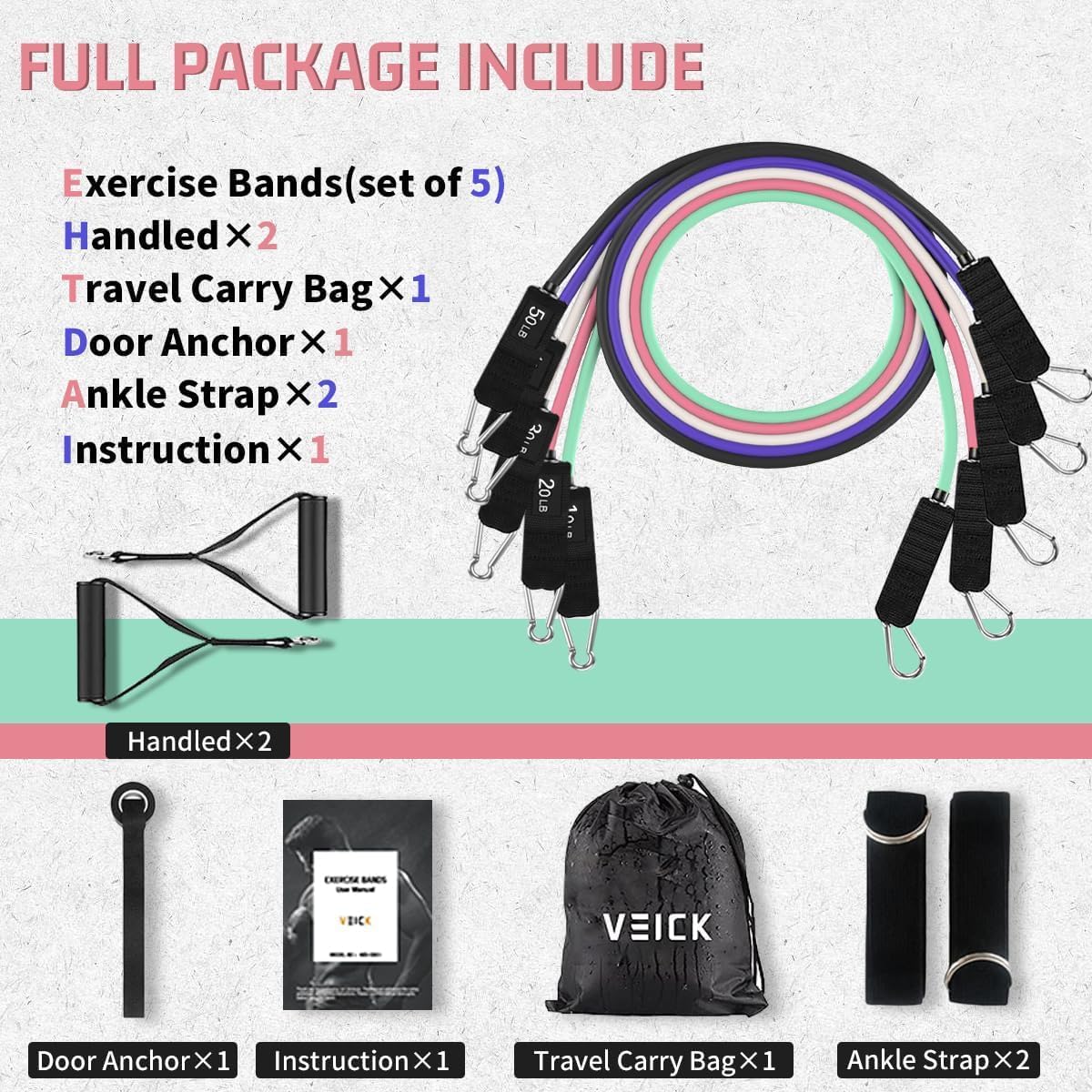 VEICK Resistance Bands, Exercise Bands, Workout Bands, Resistance Bands for Working Out with Handles for Men and Women, Exercising Bands for Fitness Weights Work Out at Home