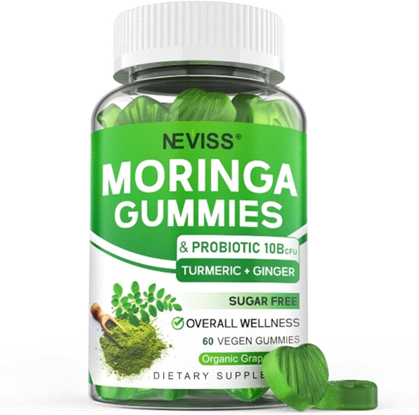 Moringa Gummies for Women Men, Sugar Free, Vegan, with 10 Billion CFU Probiotic Turmeric Ginger Ceylon Cinnamon, Chewable Organic Pure Moringa Leaf Supplement for Adults | Gut & Immune Support, 60Cts