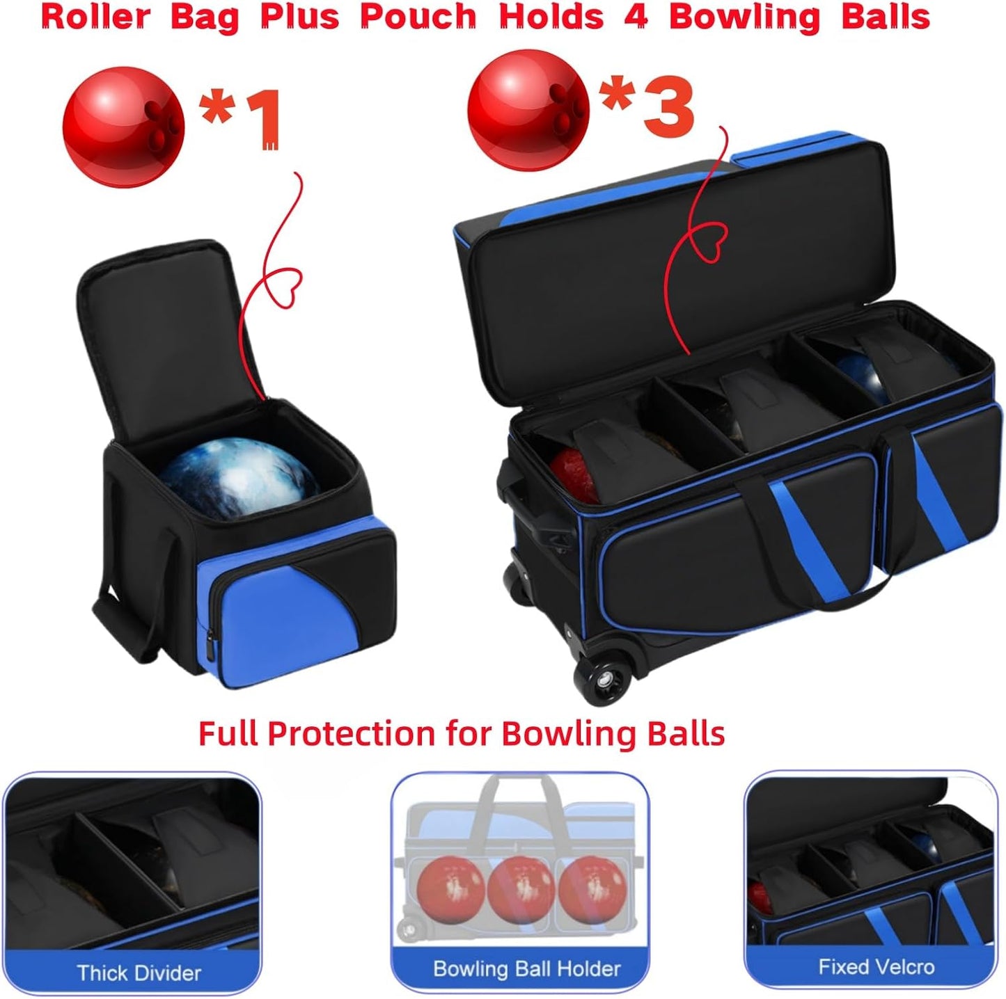 4 Ball Bowling Bags with Wheels, Bowling Ball Bag with Multi-Pockets,4 Ball Bowling Bag with Secure Buckle Fixed Ball Cup & Shoe Compartment,3 Ball Bowling Bag+1 Ball Color Matching Add On Tote