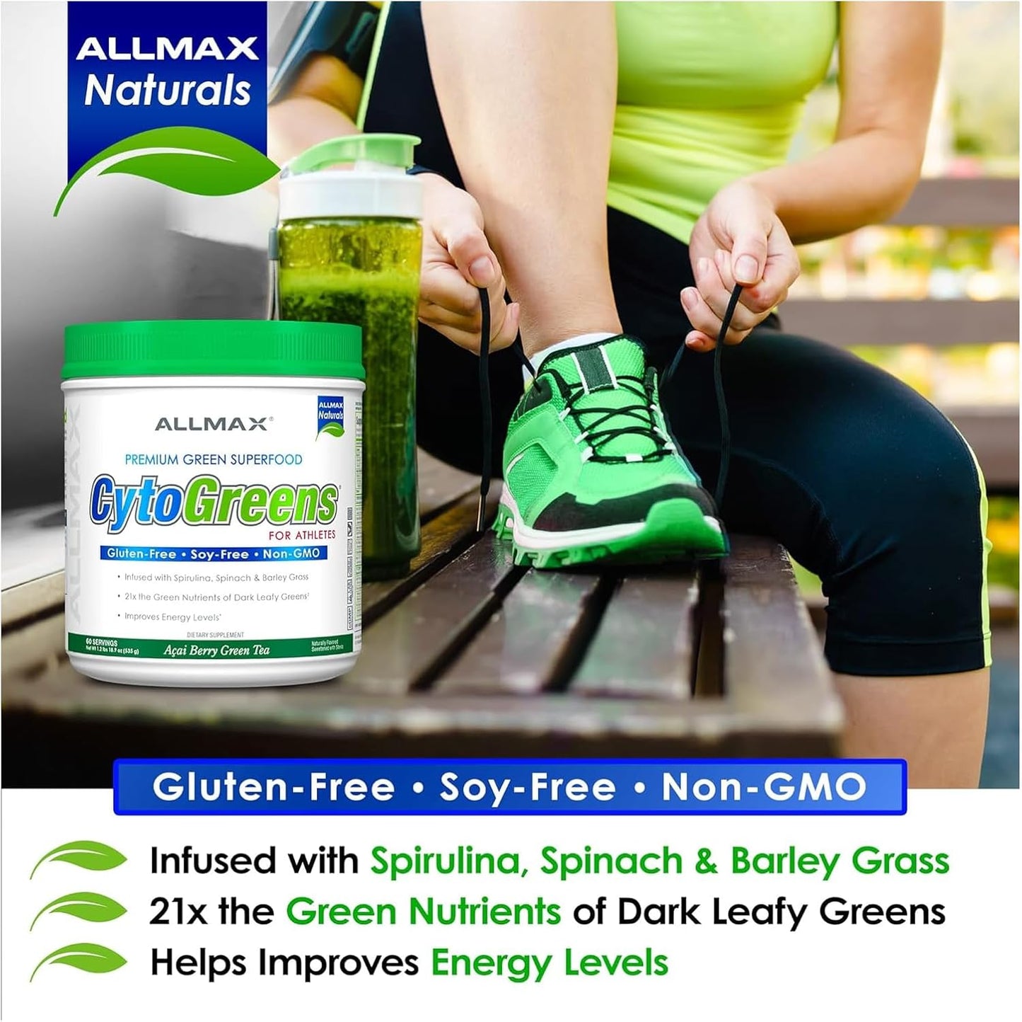 ALLMAX Nutrition - Cytogreens Super Greens Powder, Infused with Spirulina, Spinach & Barley Grass, Supports Immune & Digestive Health, Gluten Free & Vegan, 60 Servings (Acai Berry Green Tea)