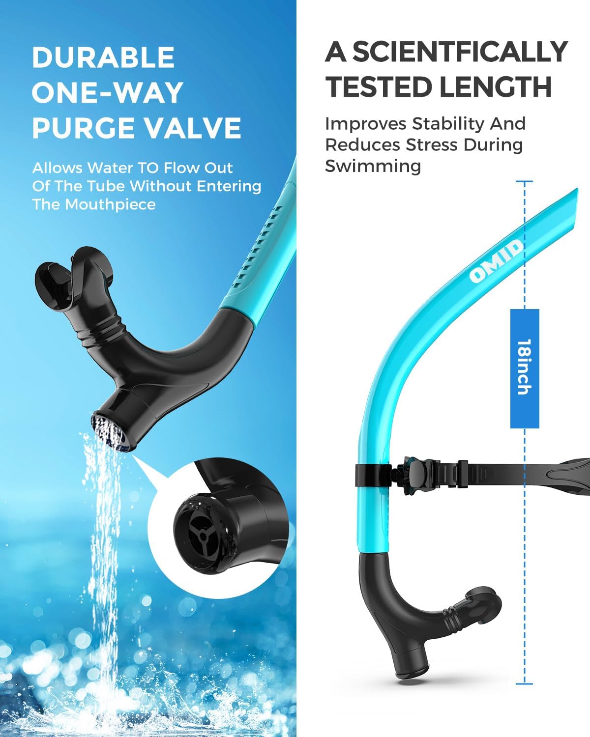 OMID SN1 Snorkel for Adult Youth, Diving Snorkel with One-Way Purge Valve, Food-Grade Silicone Mouthpiece