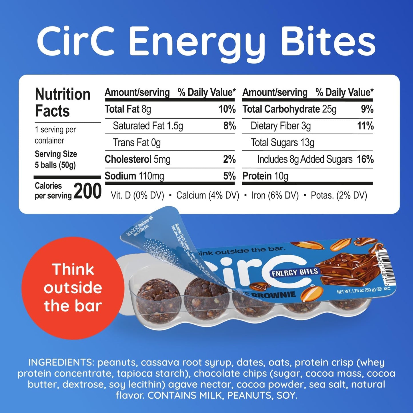 CirC Energy Bites - 12 Pack Chocolate Brownie Gluten Free Protein Balls - 10g Protein, Whole Grains, Nuts & Fruit - Portable Healthy Snacks for Adults & Kids, 5 Piece Resealable Packs