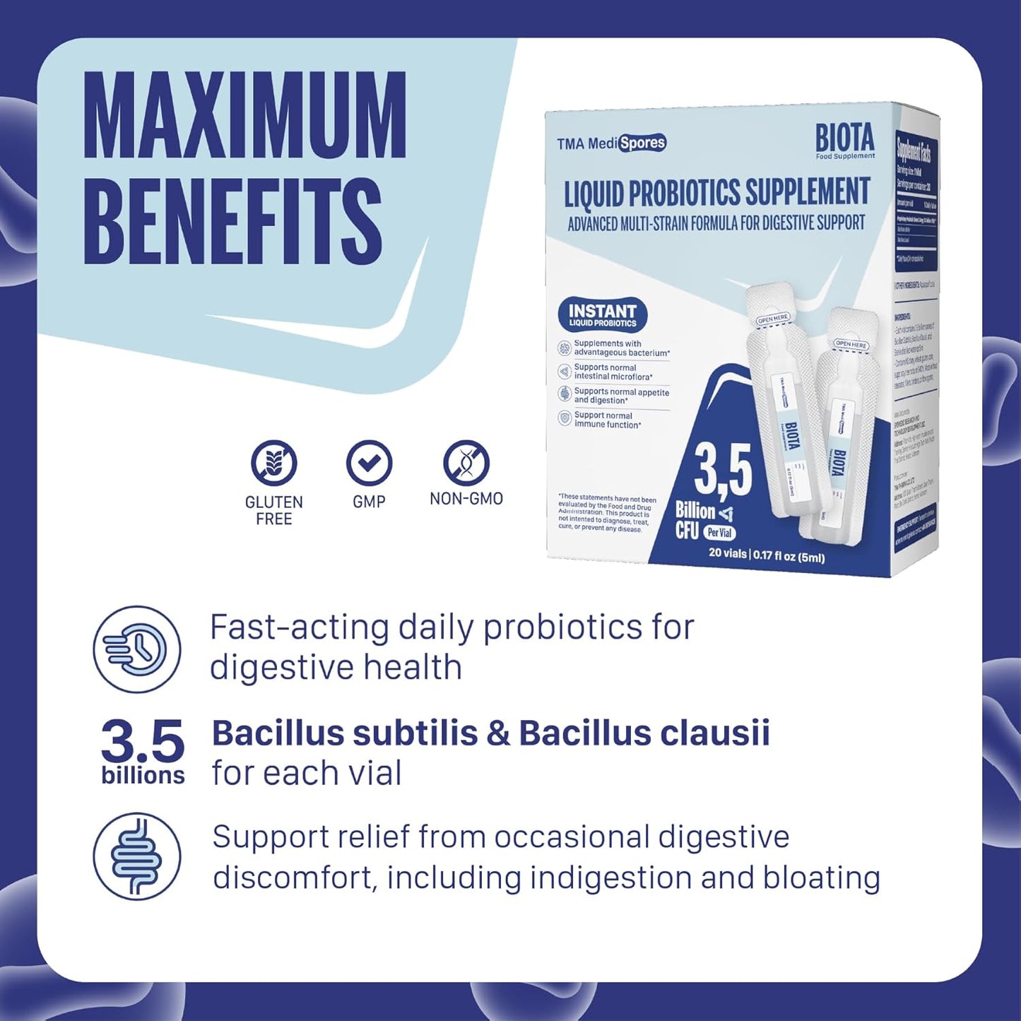 Biota Probiotic Drinks for Digestive Health & Immune Support,Fast Acting Support Stomach Constipation, Digestive Daily Probiotic for Adults, Kids, Gluten, Sugar Free & Non-GMO, 20 Servings