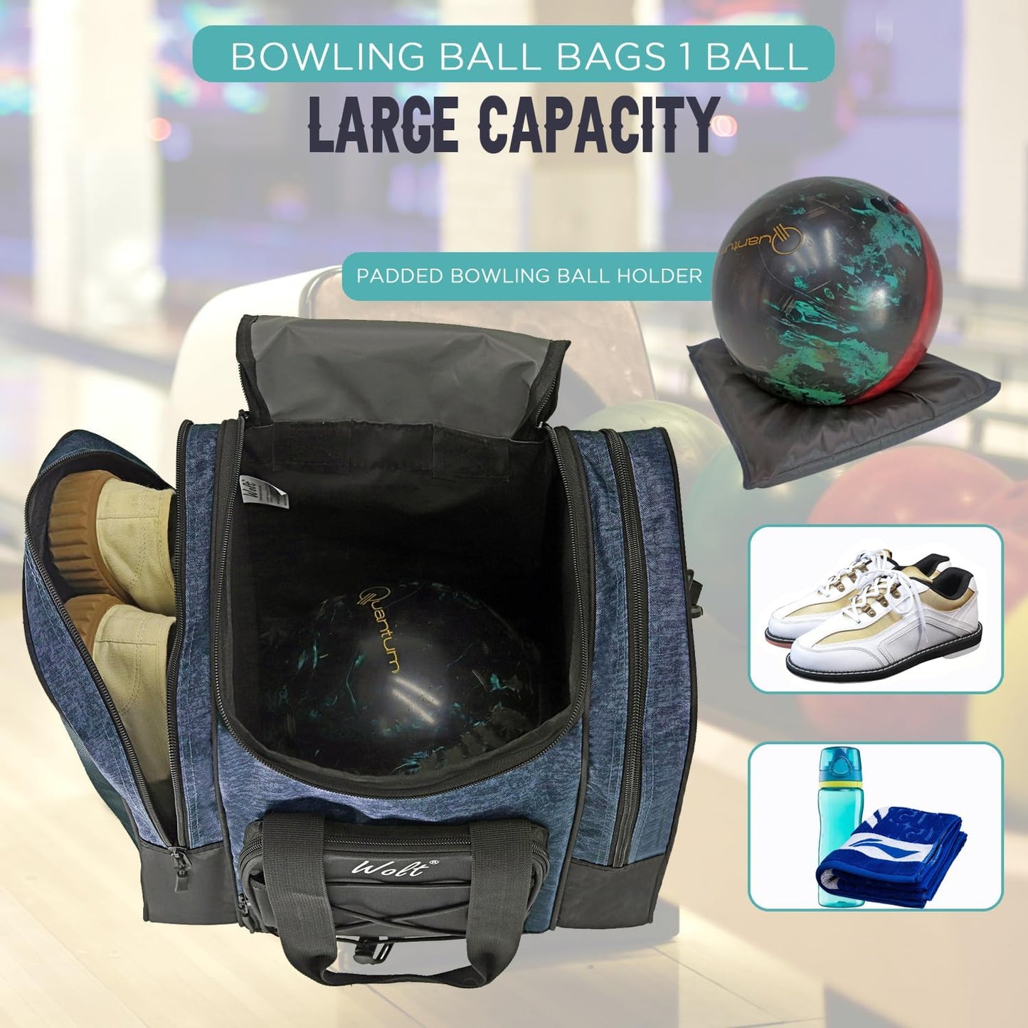 WOLT Bowling Ball Bag for Single Ball - Bowling Ball Tote Bag with Padded Ball Holder, 2 Pockets fit Bowling Shoes Up to Mens Size 14 and Accessories