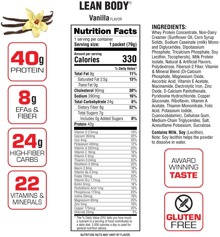 Lean Body MRP All-In-One Vanilla Meal Replacement Shake, 40g Protein, Whey Blend , 8g Healthy Fats EFA's & Fiber, 22 Vitamins and Minerals , No artificial color, Gluten Free, (20 Packets)