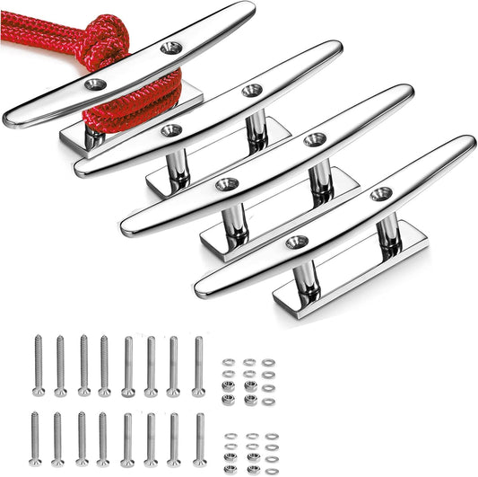 Boat Cleat 5 Inch Open Base 4 Pcs, Small Dock Cleat, Heavy Duty 316 Stainless Steel, Curtain Tie, Hook, Include Installation Screws
