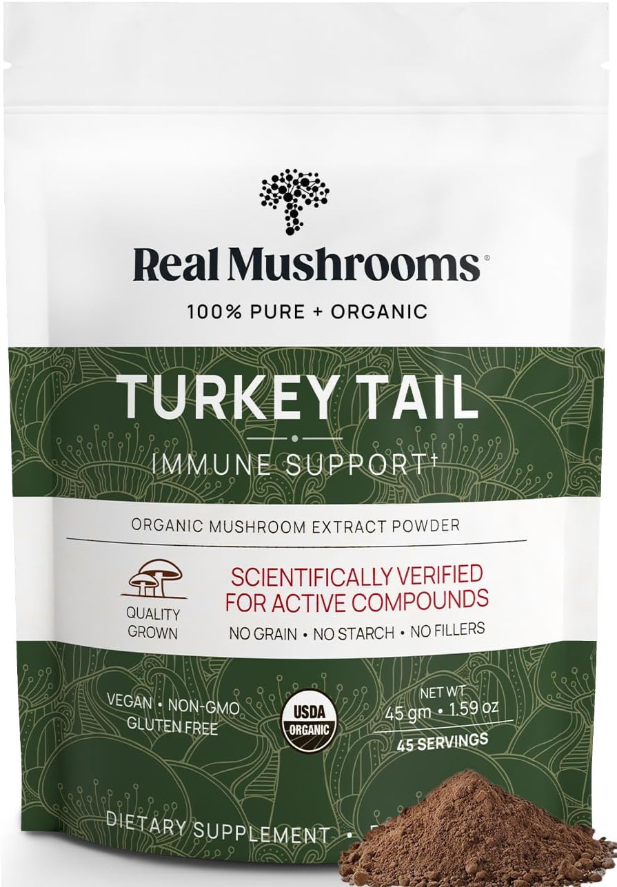 Real Mushrooms Turkey Tail Mushroom Powder – Organic Mushroom Extract for Daily Wellness Gut Harmony, & Energy Support with Beta Glucans – Vegan, Non-GMO, 45 Servings Functional Supplement
