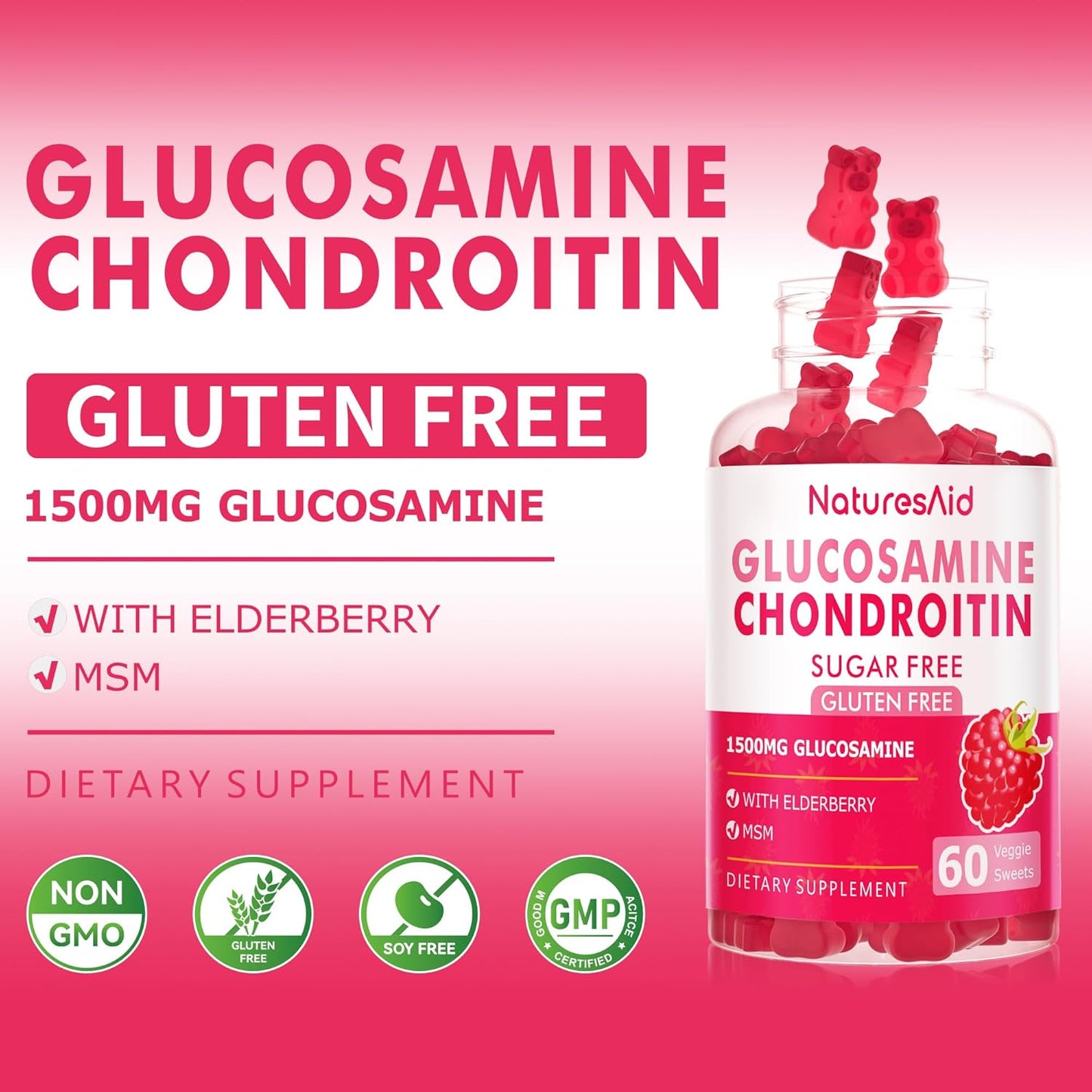 Nutrition Glucosamine Chondroitin Gummies with MSM & Elderberry Extra Strength - Joint Support, Antioxidant Immune Support Supplement for Adults, Men & Women.(2 Pack) Raspberry