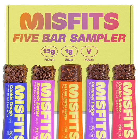 Misfits Vegan Protein Bars - Updated Recipe | Plant Based, Low Sugar & Carb, High Fiber Snacks | Variety Sample Pack to Trial the Flavors | Pack of 5 (1 of Each Flavor)