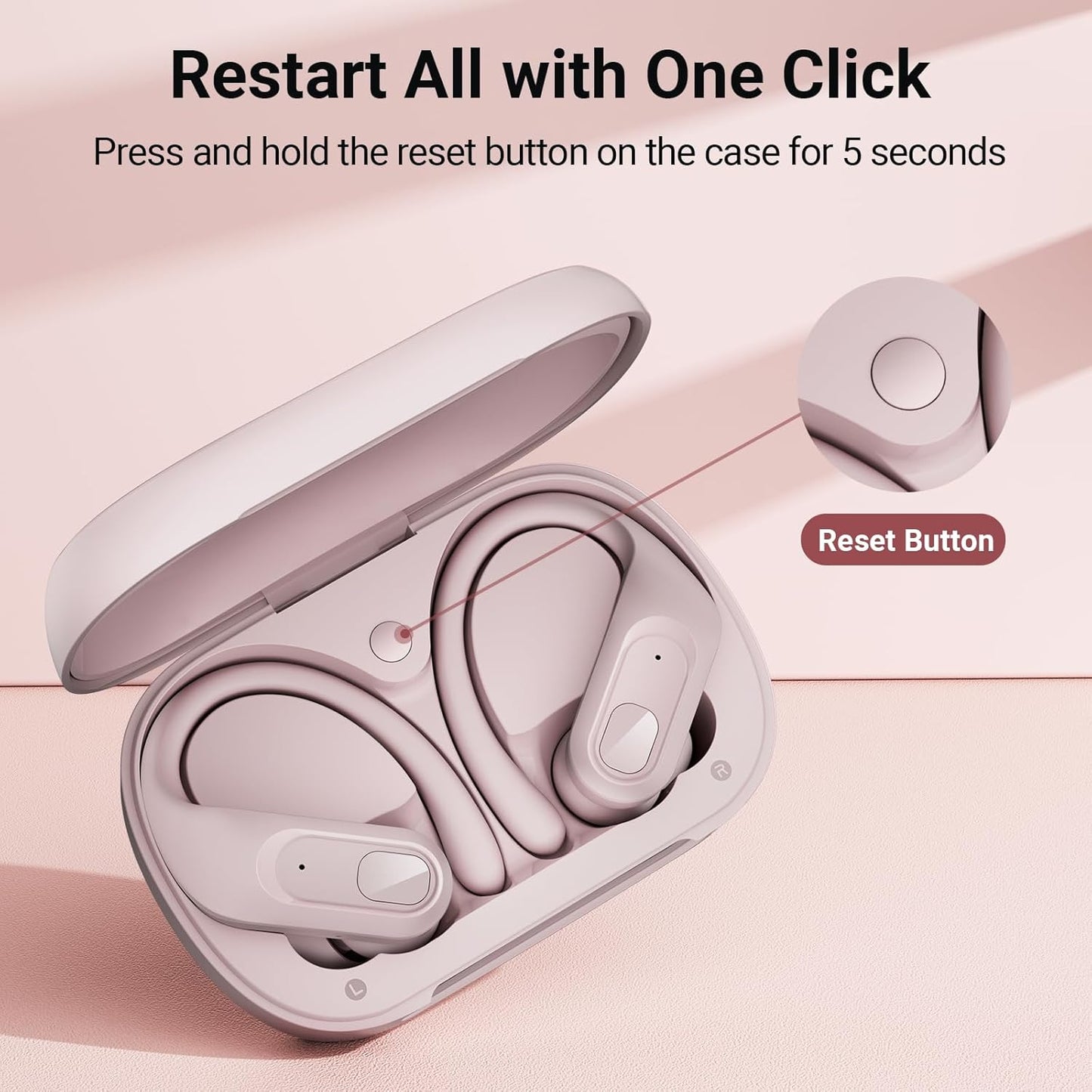 occiam Wireless Earbuds Bluetooth Headphones Ear Buds 96Hrs Playback Sport Over-Ear Waterproof Wireless Headphones Earphones with Earhooks ENC Mics Clear Call for Sport Running Workout Pink