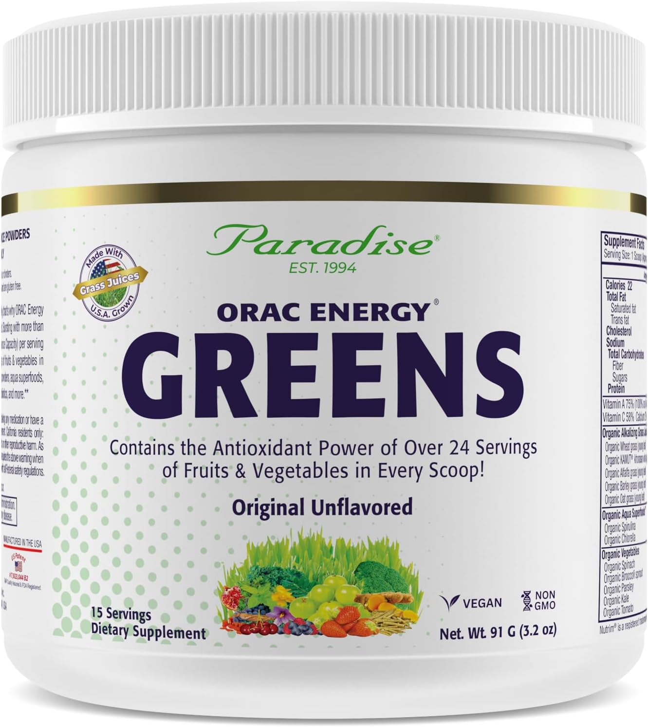Paradise Herbs, ORAC Energy Greens Powder, Antioxidant Power of 24 Servings of Fruits & Vegetables in 1 Scoop, 15 Servings