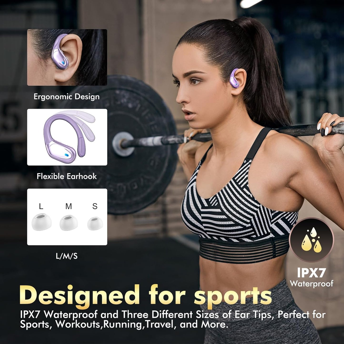 Wireless Earbuds, Sports Bluetooth Headphones, 80Hrs Playtime Ear Buds with LED Power Display, Noise Canceling Headset, IPX7 Waterproof Earphones for Workout/Running (Purple)