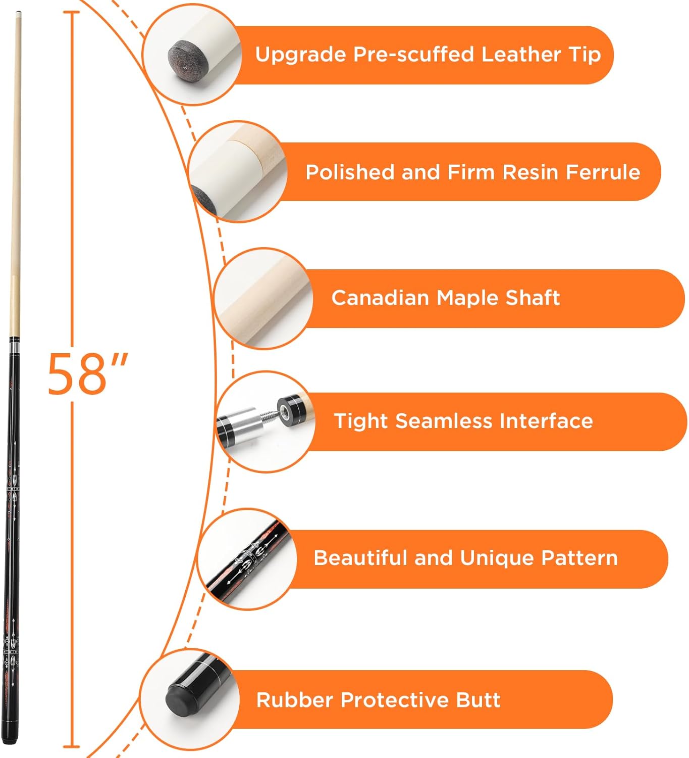 Pool Cue, 58" Billiard Cue Stick 2-Piece 13mm Maple Wood Pool Cue Stick 18 19 20 21oz for Bar House Pool Table Sports