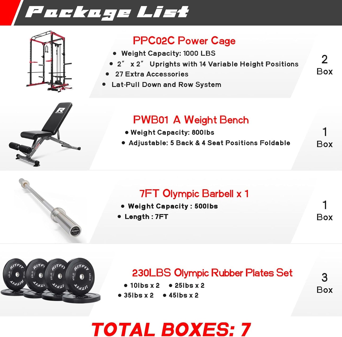 RitFit All-in-One Squat Rack for Home Gym, PPC02C Multi-Function 1000 LBS Capacity Power Cage with LAT Pulldown, Pulley System, Dip Bar, Landmine & More Power Rack Attachments, Package