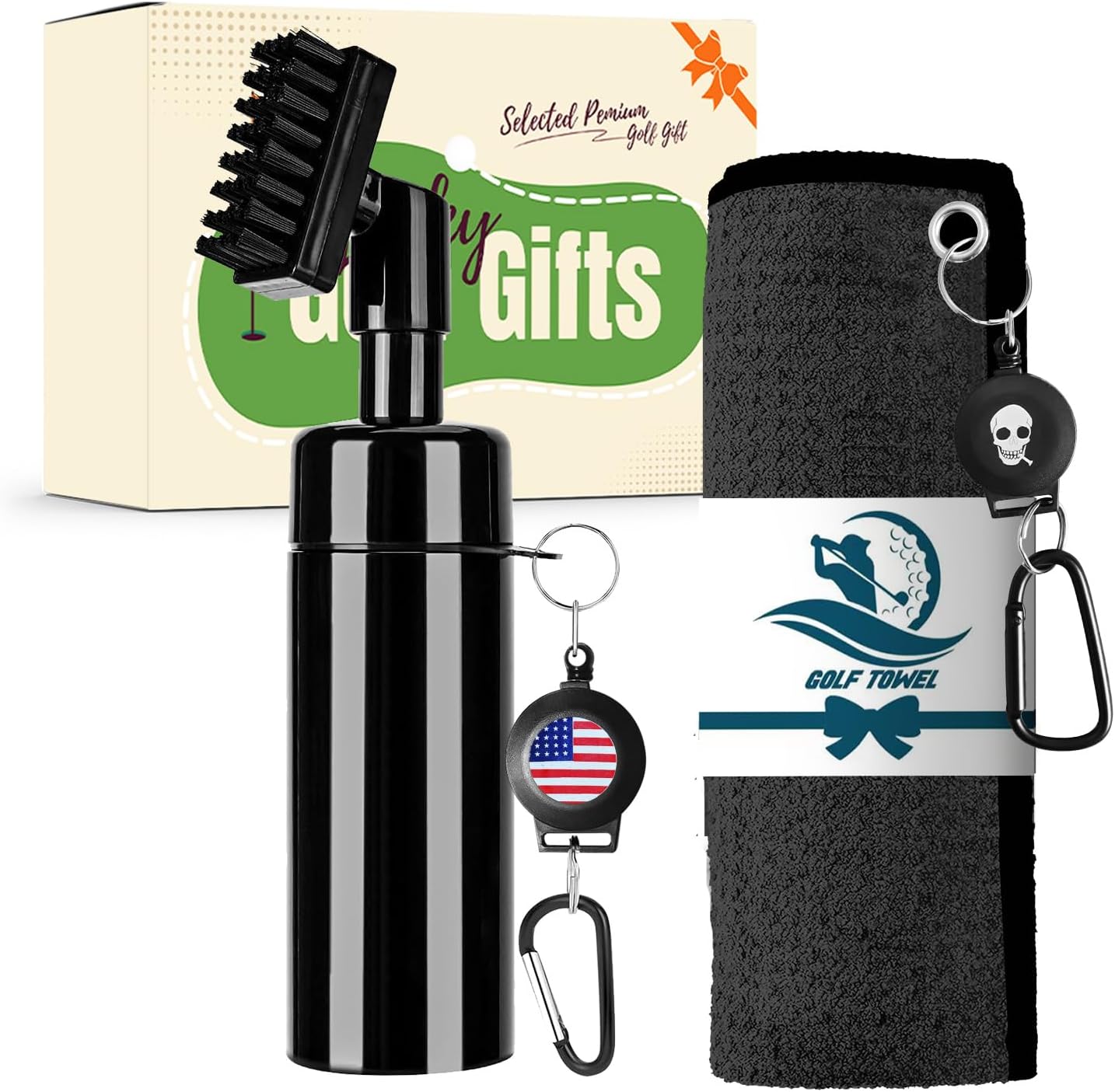Golf Club Clean Brush Towel Value Set with Strong Magnetic Retractable Carabiner, Squeeze Water Bottle Microfiber Absorbent Towel for Golf Bags Accessory Iron Care Men Women