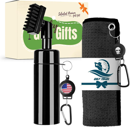 Golf Club Clean Brush Towel Value Set with Strong Magnetic Retractable Carabiner, Squeeze Water Bottle Microfiber Absorbent Towel for Golf Bags Accessory Iron Care Men Women