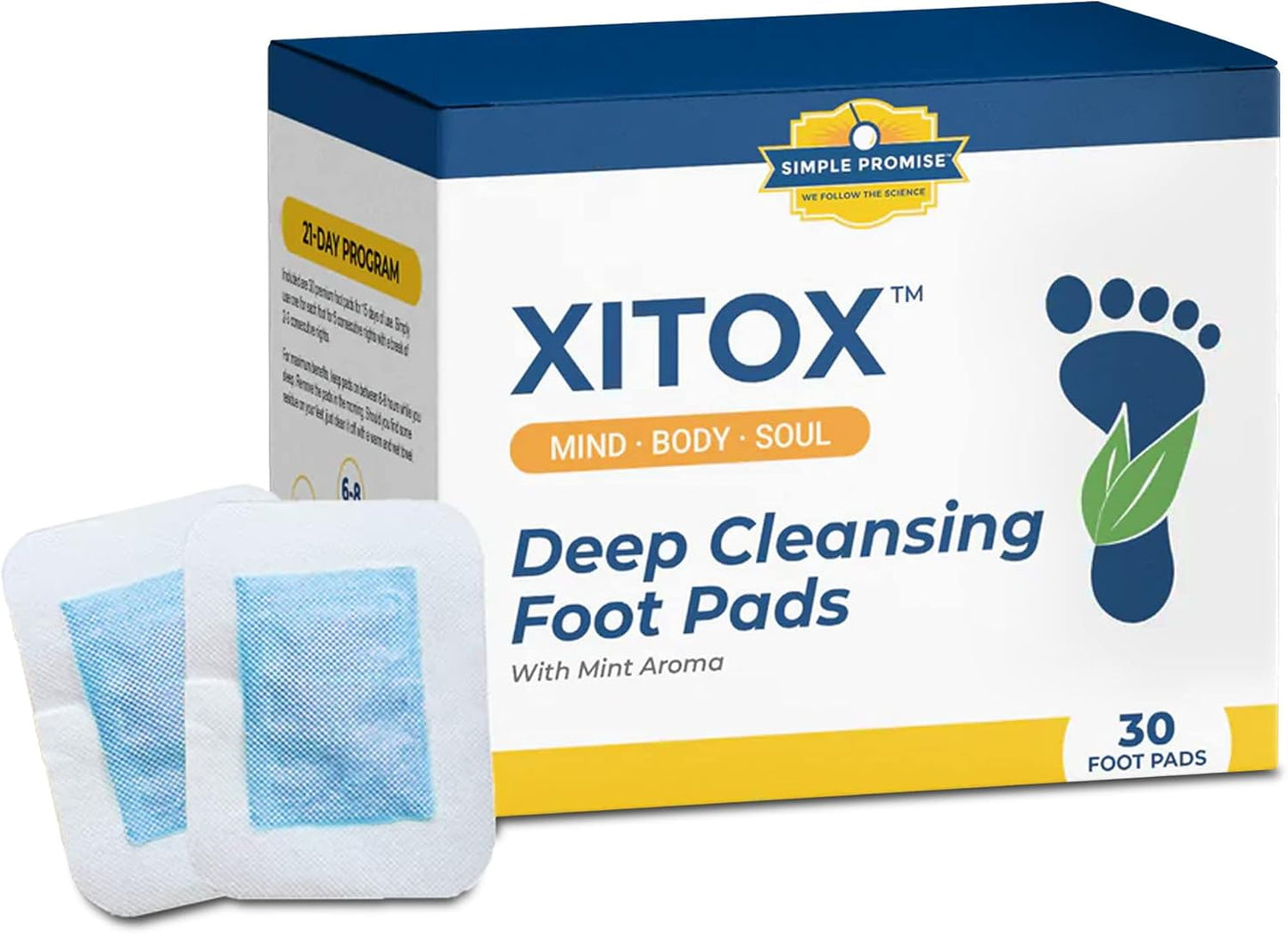 Simple Promise - Xitox Deep Cleansing Foot Pads - Supports Restful Sleep & Helps Remove Tension - Natural Herbal Ingredients for Feet - Comfortable Adhesive & Easy Peel - 30 Foot Patches - Mint Aroma