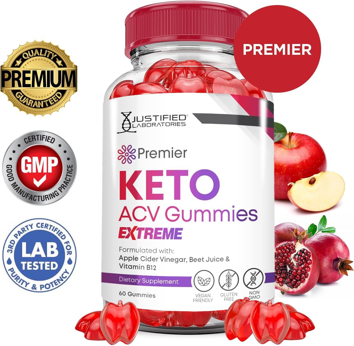 Justified Laboratories (3 Pack Premier Keto ACV Gummies Advanced Weight Loss Extreme 2000MG Premier Formulated with Pomegranate Beet Juice Powder B12 Vegan Non GMO 180 Gummys