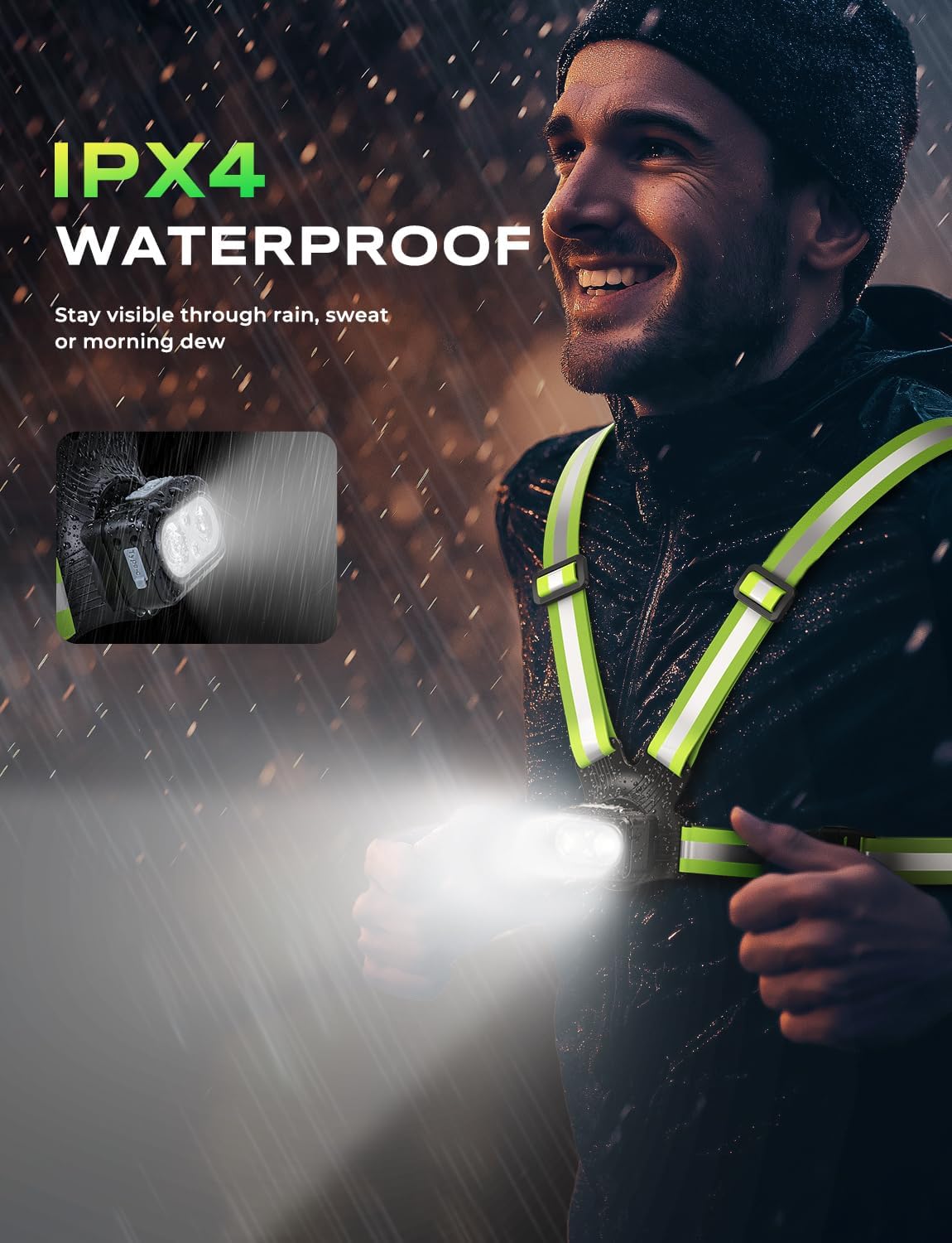 500LM High-Visibility Running Lights for Runners with 7 Modes, Adjustable 45° Beam, 360° Reflective Vest & IPX4 Waterproof Running Vest for Night Walking/Cycling/Jogging, 3.5-20Hrs Runtime