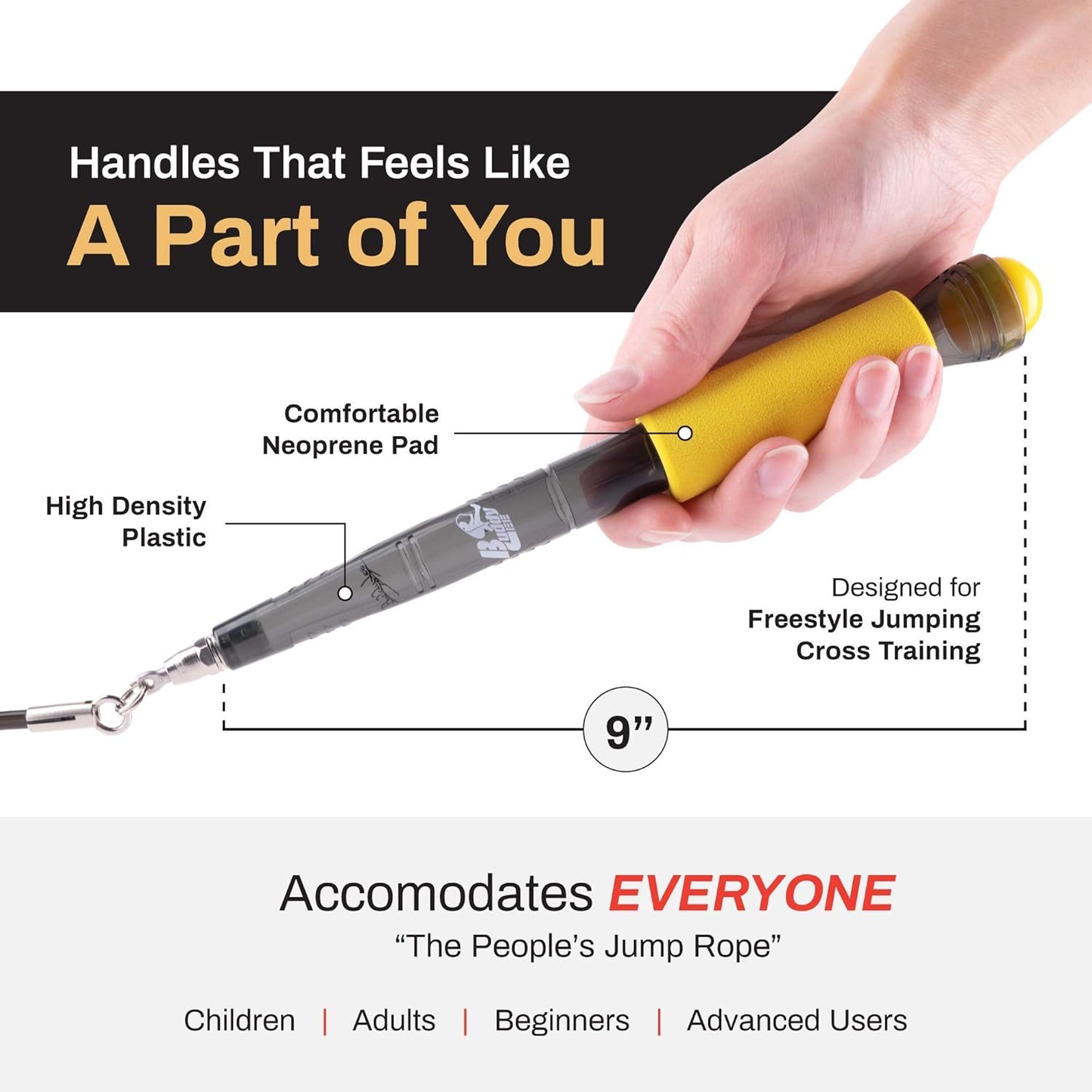 Buddy Lee Jump Ropes Rope Master Original Ball Bearing Jump Rope, 9” HD Plastic Handles. Perfect Jump Rope for Fitness, CrossFit Gym, Endurance Jumping, Cross Overs, Extreme Jumping