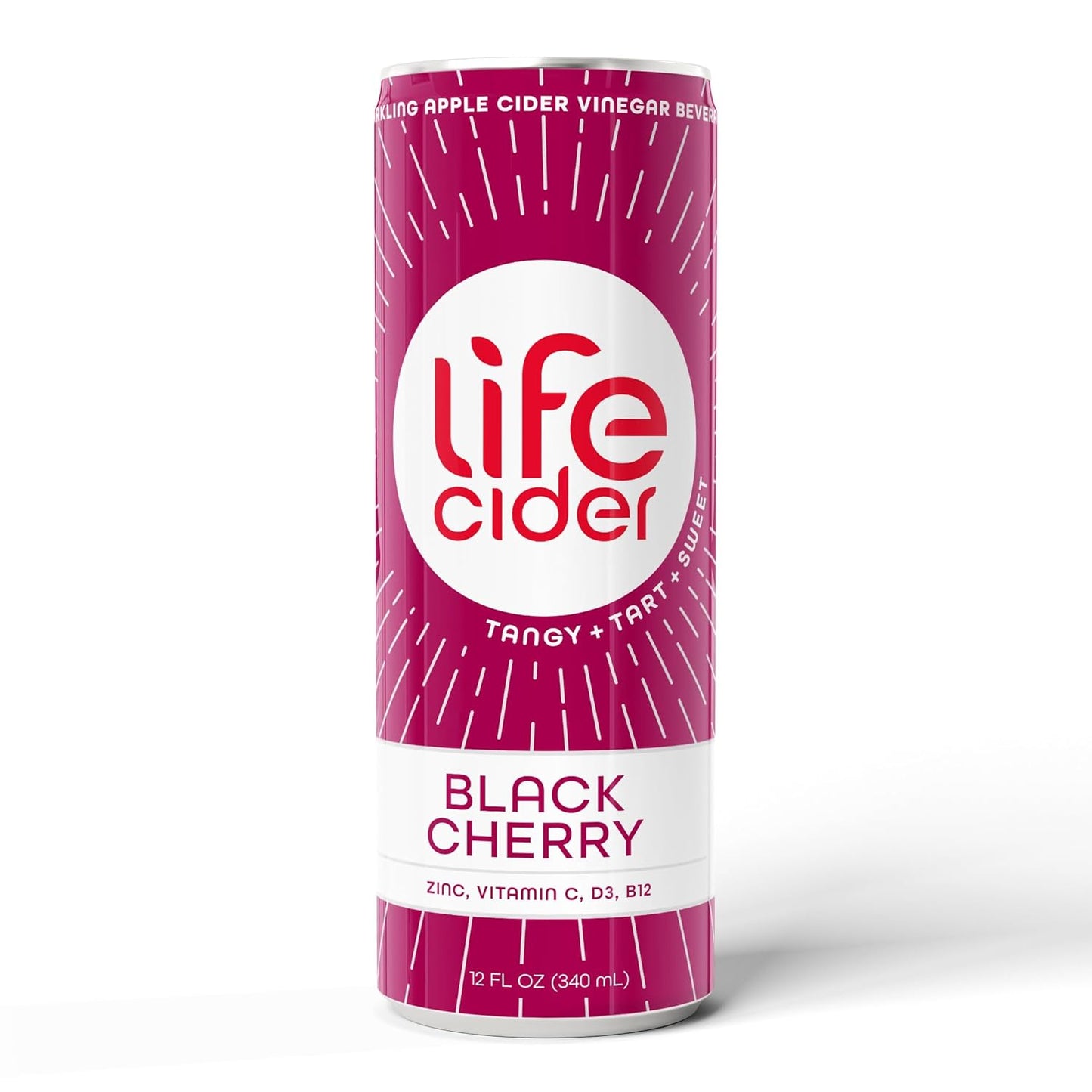 Life Cider | 12 Pack (12 Fl Oz) | Black Cherry | Sparkling Apple Cider Vinegar Beverage | Aids Digestion & Immune System | Vitamin C, D3, Zinc, B12