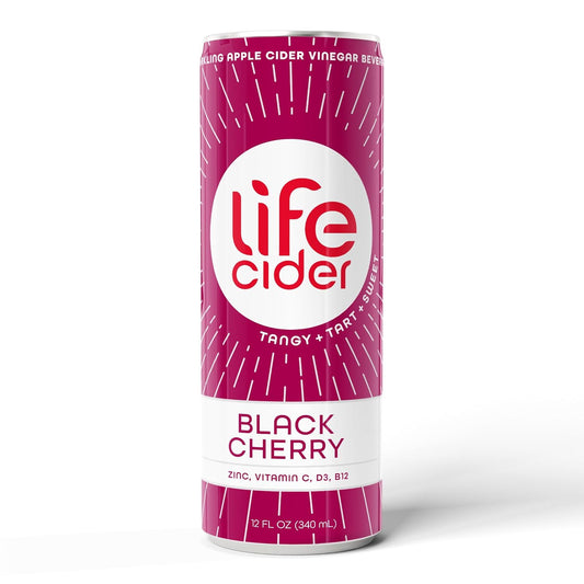 Life Cider | 12 Pack (12 Fl Oz) | Black Cherry | Sparkling Apple Cider Vinegar Beverage | Aids Digestion & Immune System | Vitamin C, D3, Zinc, B12