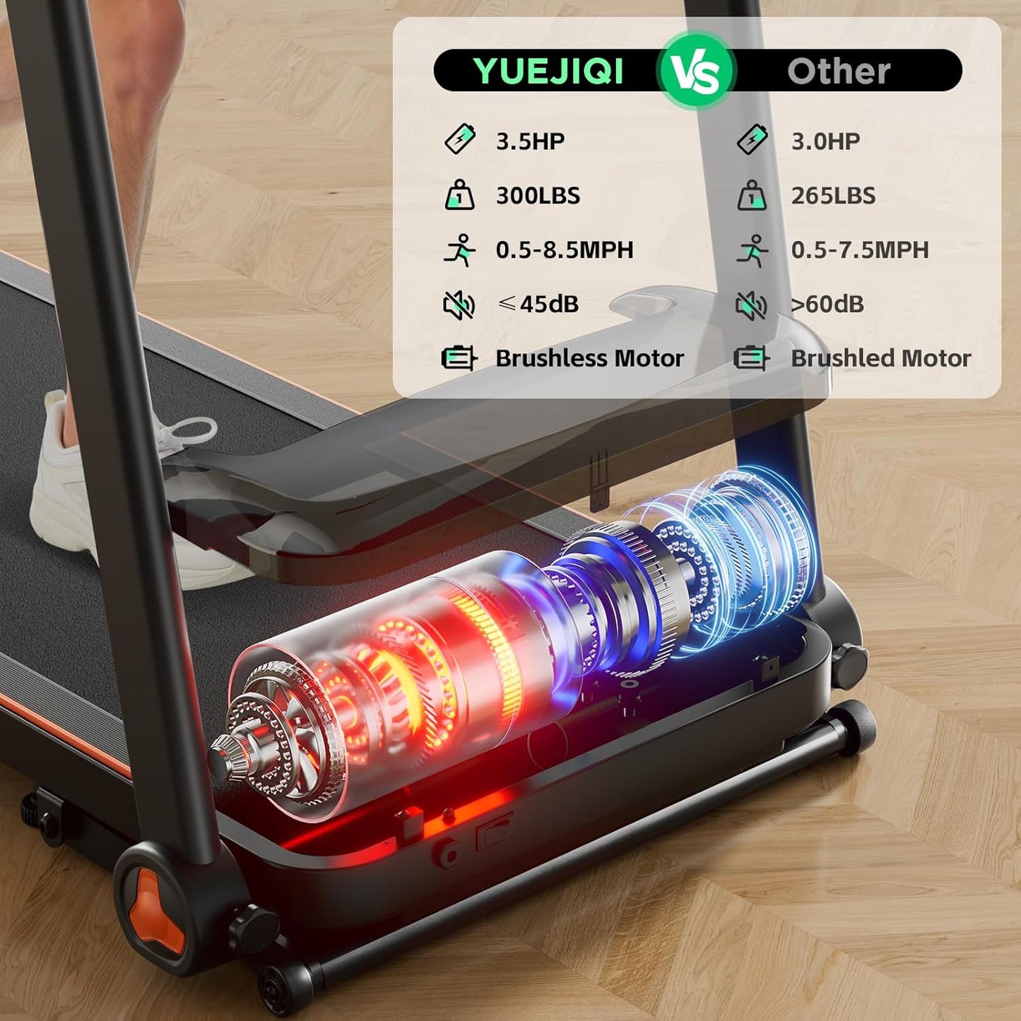 Treadmills for Home, 3.0HP Quiet Brushless Foldable Treadmill with Incline, Small Space Portable Running Walking Machine, 300 Lbs Capacity with Bluetooth APP & Pulse Monitor