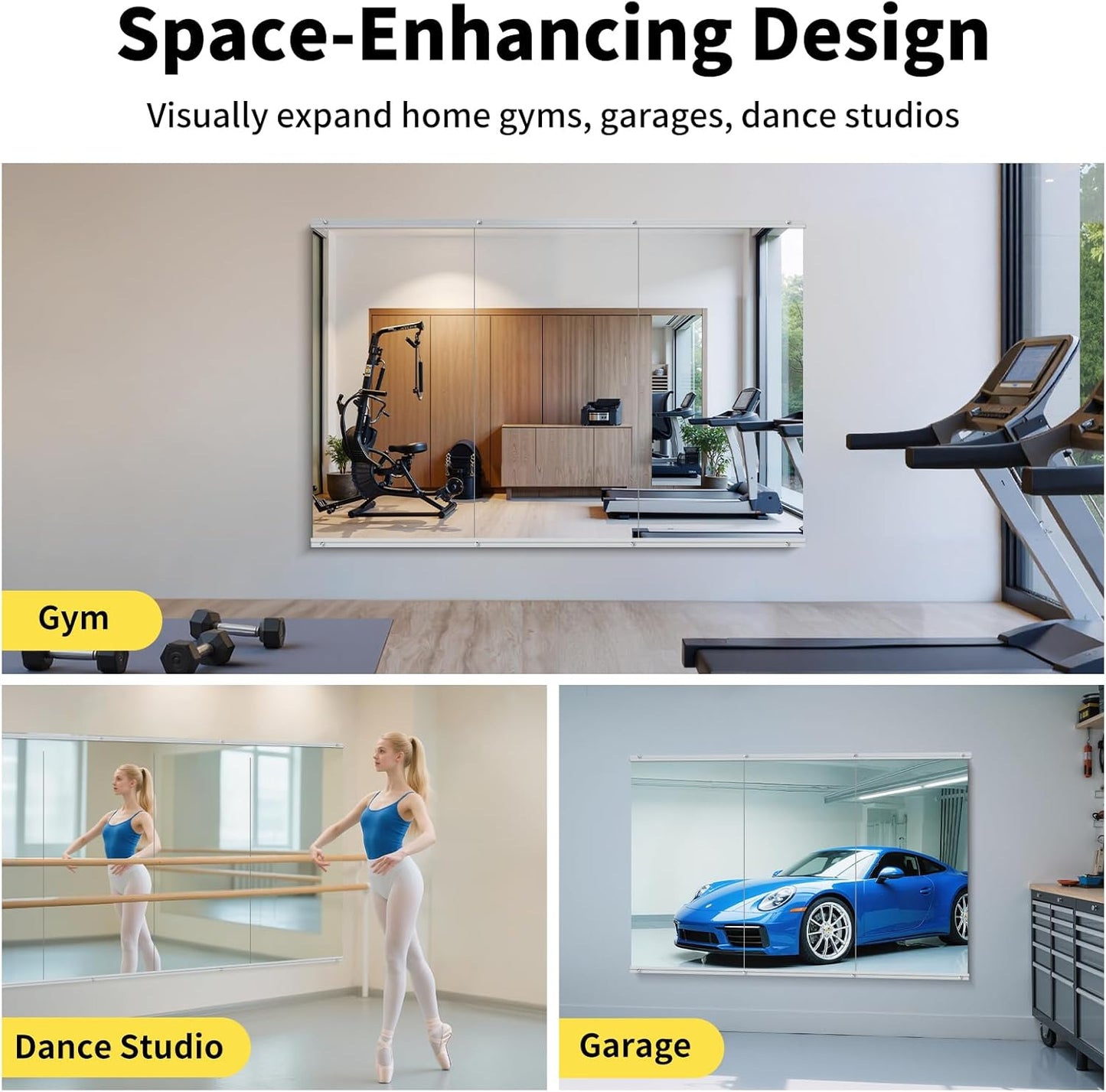 Home Gym Mirror - 48x24 Inch, 1PCS Frameless Tempered Glass Full Body Mirror for Wall Mount - Ideal for Yoga, Workout, Bedroom, Dance Studio (Silver)