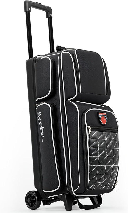MANUEKLEAR 3 Ball Bowling Bags with Wheels, Bowling Ball Bag 3 Ball Roller with Accessory Pockets and Shoe Compartment