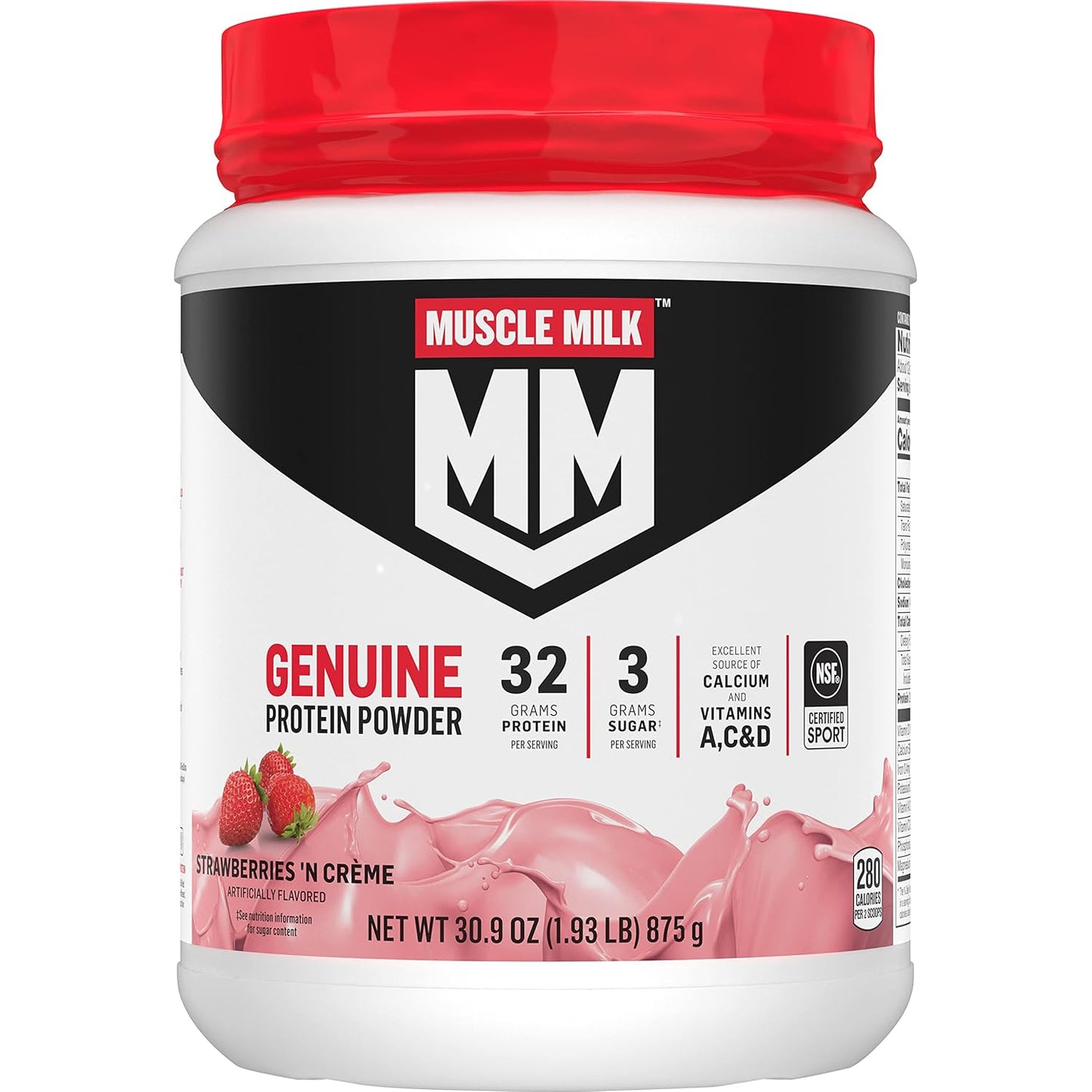 Muscle Milk Genuine Protein Powder, Strawberries ‘N Crème, 1.93 Pounds, 13 Servings, 32g Protein, 3g Sugar, Calcium, Vitamins A, C & D, NSF Certified for Sport, Energizing Snack, Packaging May Vary