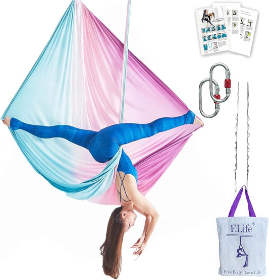 F.Life Aerial Yoga Hammock kit- Yoga Swing Multicolor 5 yards-Flying Yoga Include Daisy Chain,Carabiner and Pose Guide