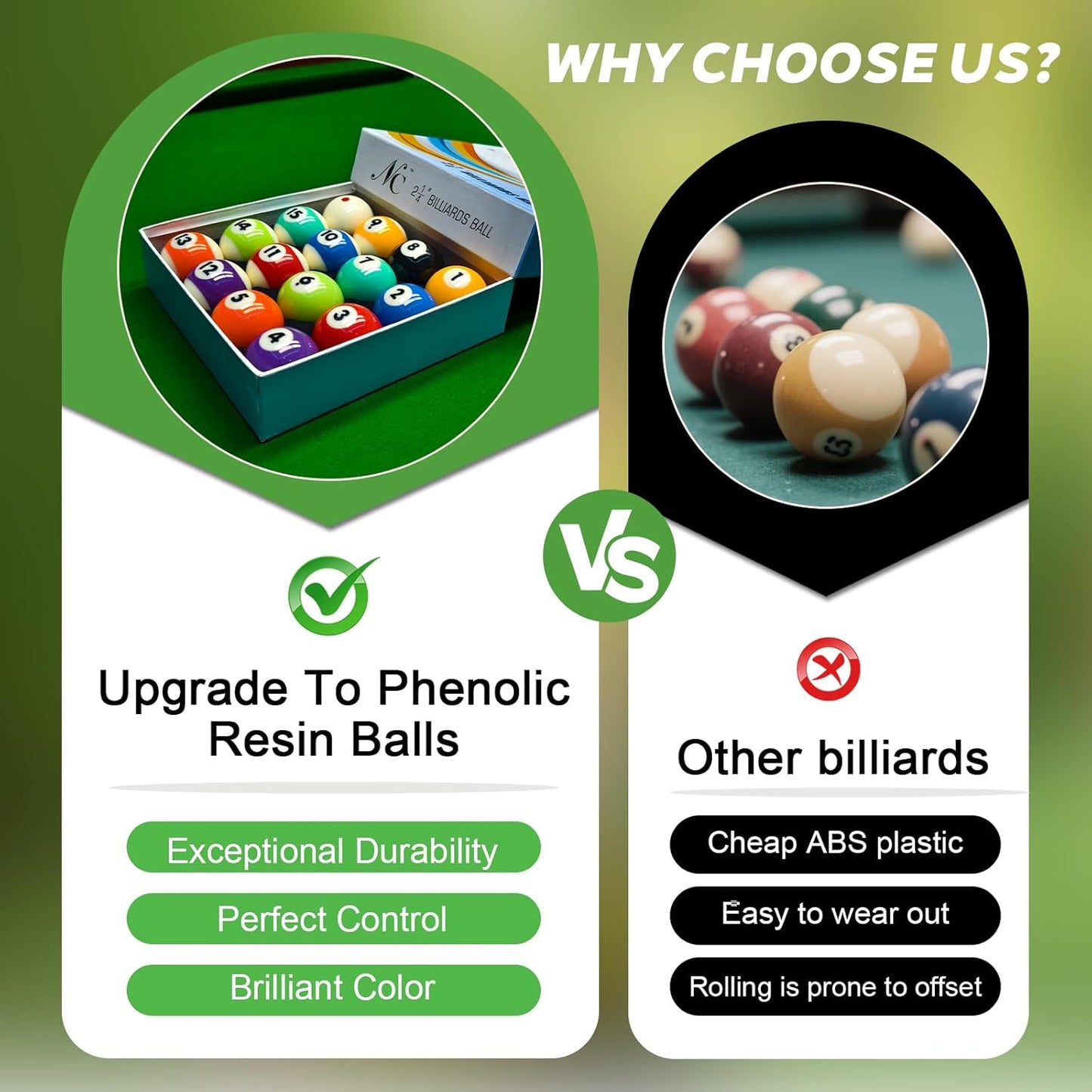 Billiard Balls Set, Deluxe 2-1/4" Regulation Size Billiard Pool Balls for Replacement (16 Resin Balls)