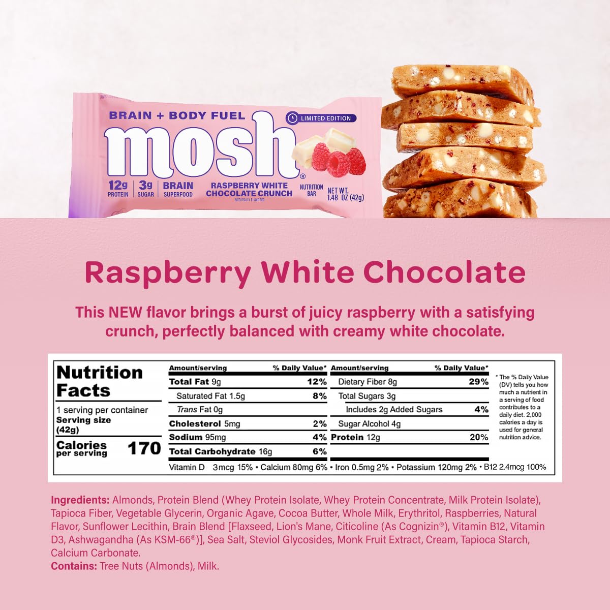 MOSH Raspberry White Chocolate Crunch Keto Protein Bars, High Fiber, Low Carb, Gluten Free, High Protein, Brain Healthy Snack, 12 Count