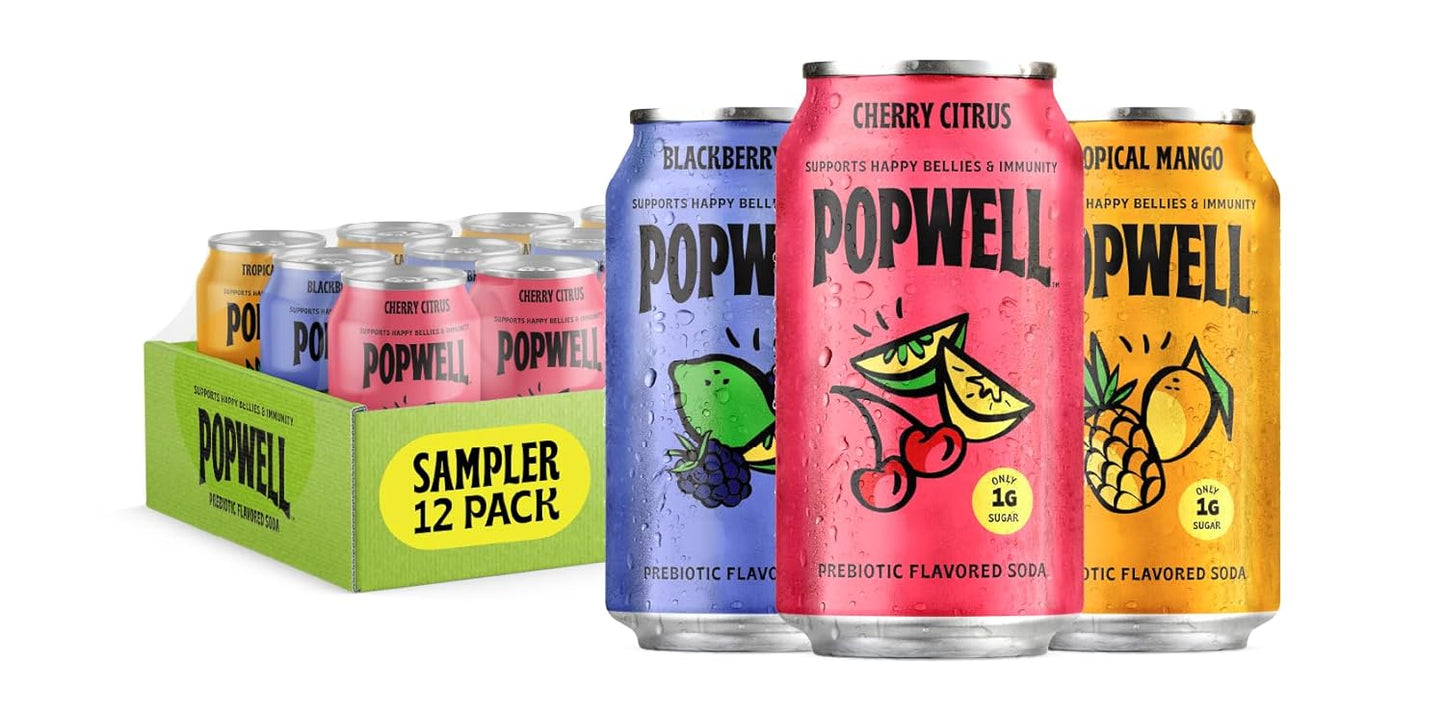 Popwell Variety Pack Better-For-You Prebiotic Soda, with 6g Fiber, 1g Sugar, Vitamins and Immunity Support, 12 fl oz, 12 count (Blackberry Lime, Cherry Citrus, Tropical Mango)