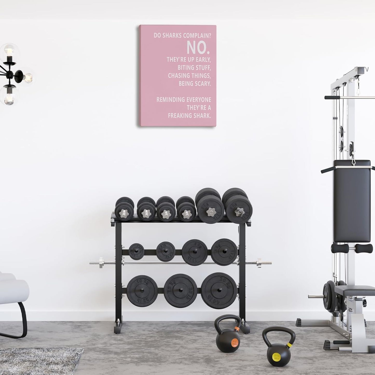 Rusenbao Gym Motivational Workout Wall Art, Home Gym Decor, Inspirational Workout Room Decor, Do Sharks Complain About Monday, Canvas Wall Art for Exercise Fitness Room Office, 11x14 inch(Pink)