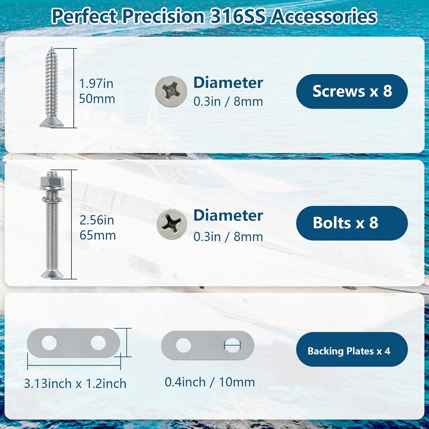 Boat Cleat 6 Inch 316 Stainless Steel, Dock Cleat 8 Inch Heavy Duty Open Base Include Screws, Boat Dock Cleats 10 Inch with Backing Plate for Boats, Kayak, Marine, Deck and Decor(2,4,6 Pack)
