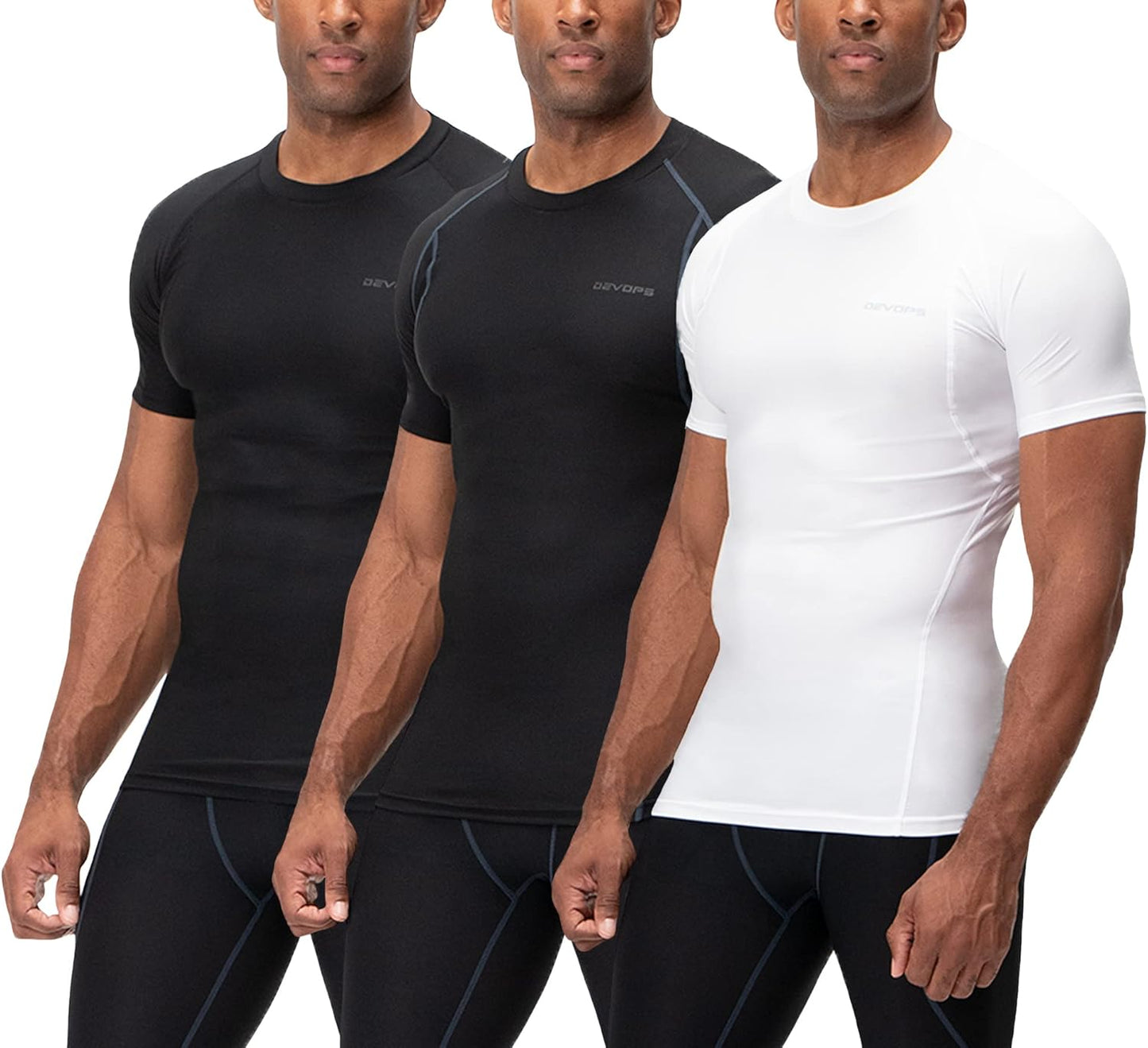 DEVOPS 3 Pack Men's Cool Dry Short Sleeve Compression Shirts, Sports Baselayer T-Shirts Tops, Athletic Workout Shirt