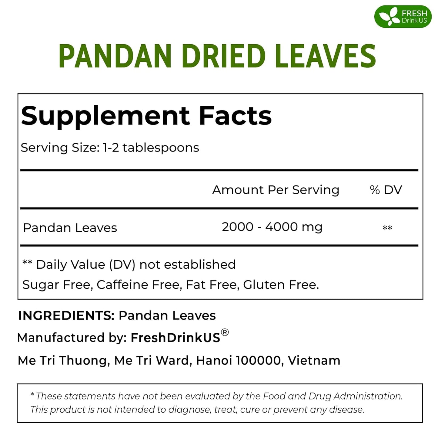 FreshDrinkUS, Premium 8oz Natural Pandan Leaves Dried, 100% Pure Dried Pandan Leaves, Pandan Leaf Tea, No Additives, No Caffeine, Vegan (8 oz Dried Leaves)