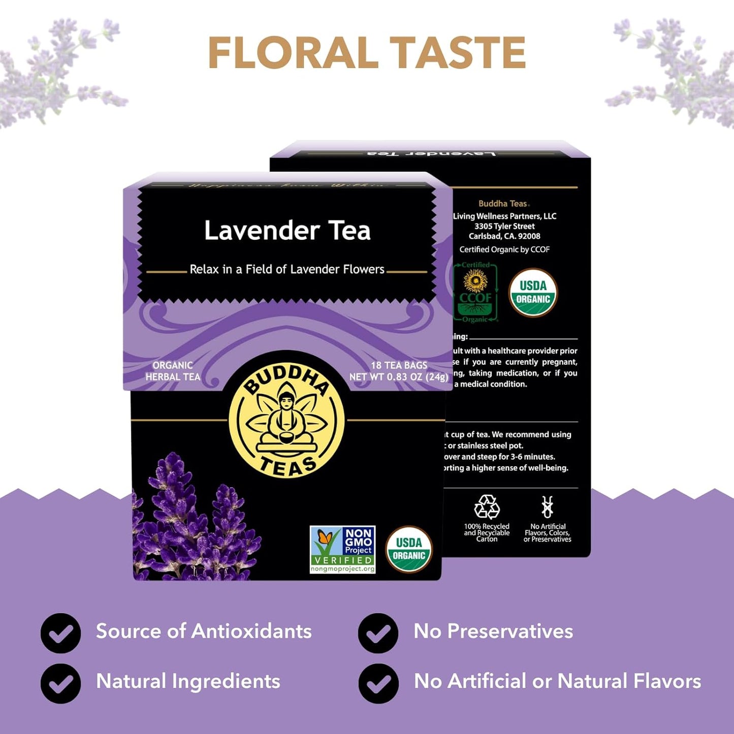 Buddha Teas Organic Lavender Tea - OU Kosher, USDA Organic, CCOF Organic, 18 Bleach-Free Tea Bags