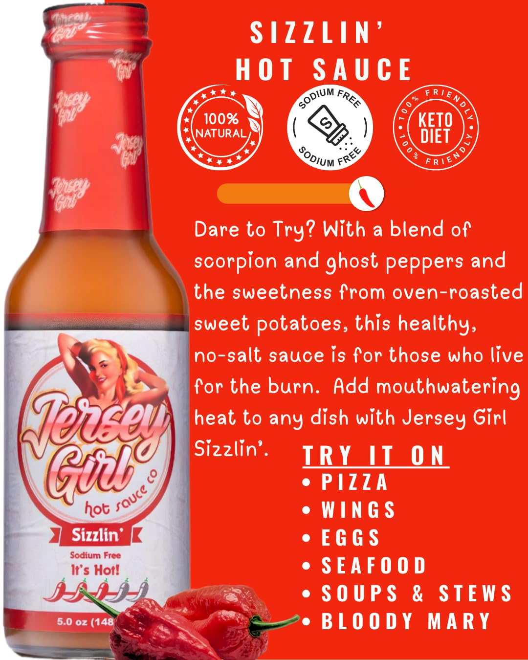 Jersey Girl Sizzlin' No Sodium/Salt Free Hot Sauce - Made with Scorpion & Ghost Pepper 5oz (Spicy) All Natural Ingredients