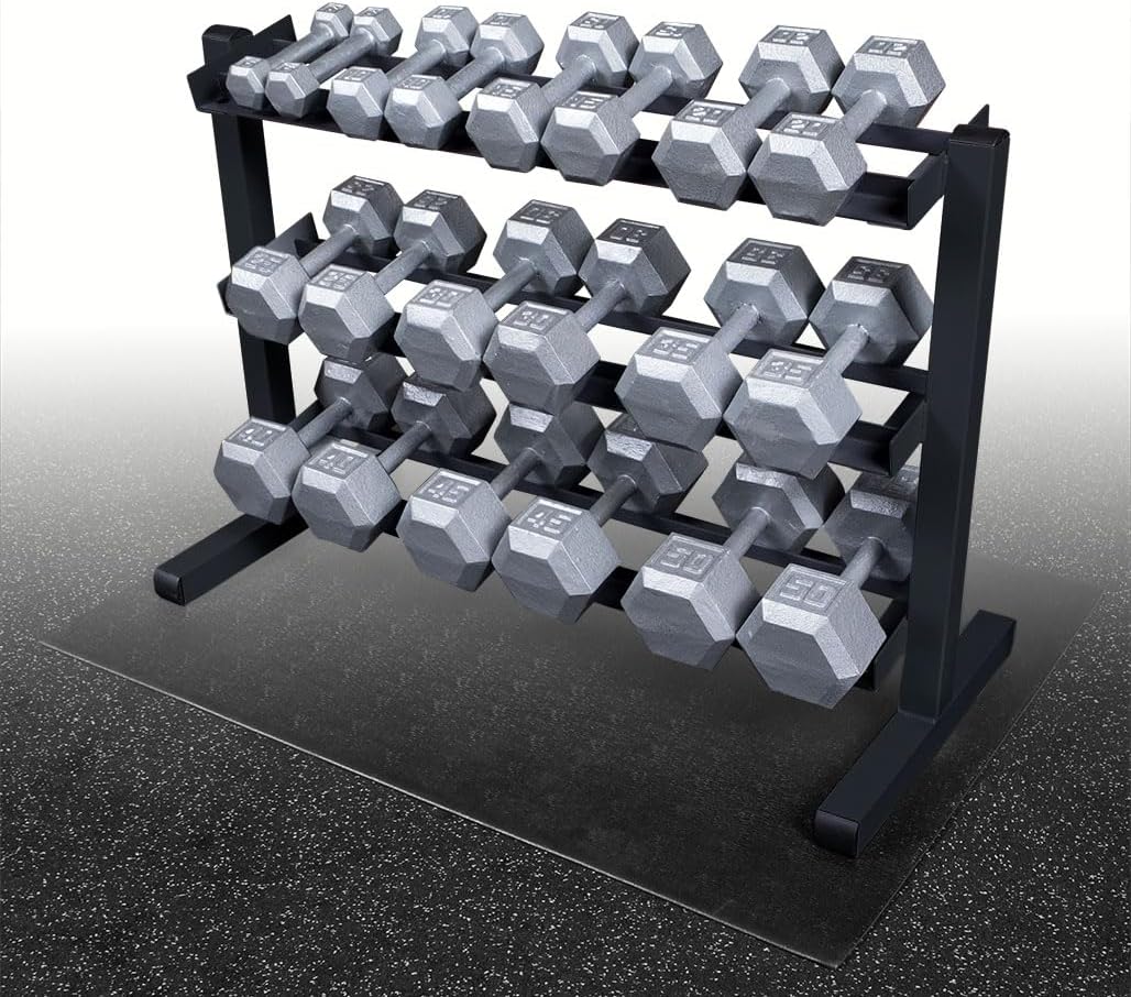 Body Solid (GDR363-RFHEX) Dumbbell Holder Rack with Hex Dumbbell Set 5-50 lbs & Vinyl Floor Mat, Weight Stand Rack for Dumbbells, Home and Commercial Gym Accessories