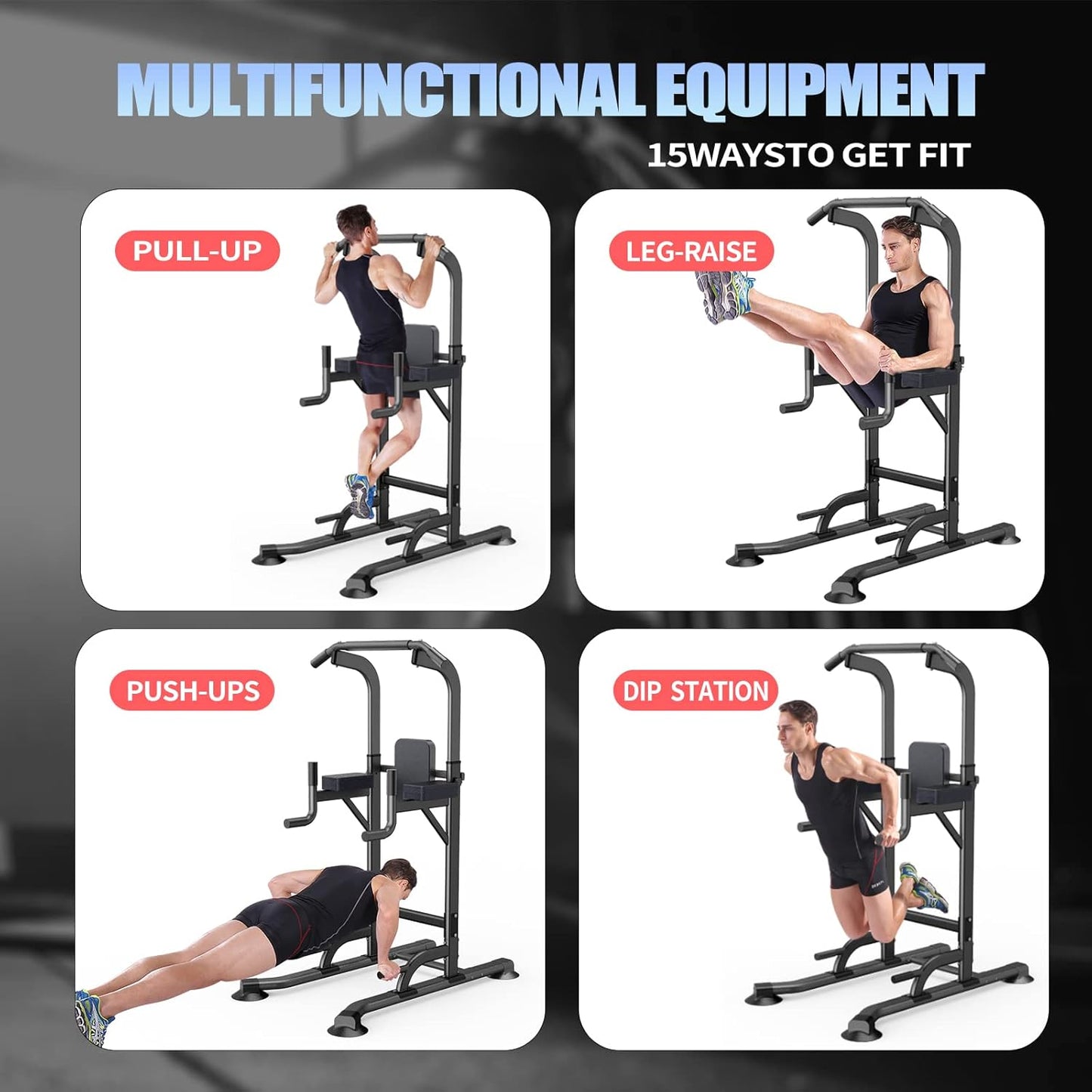 Power Tower Adjustable Height Pull Up & Dip Station Multi-Function Home Strength Training Fitness Workout Station for Home Gym