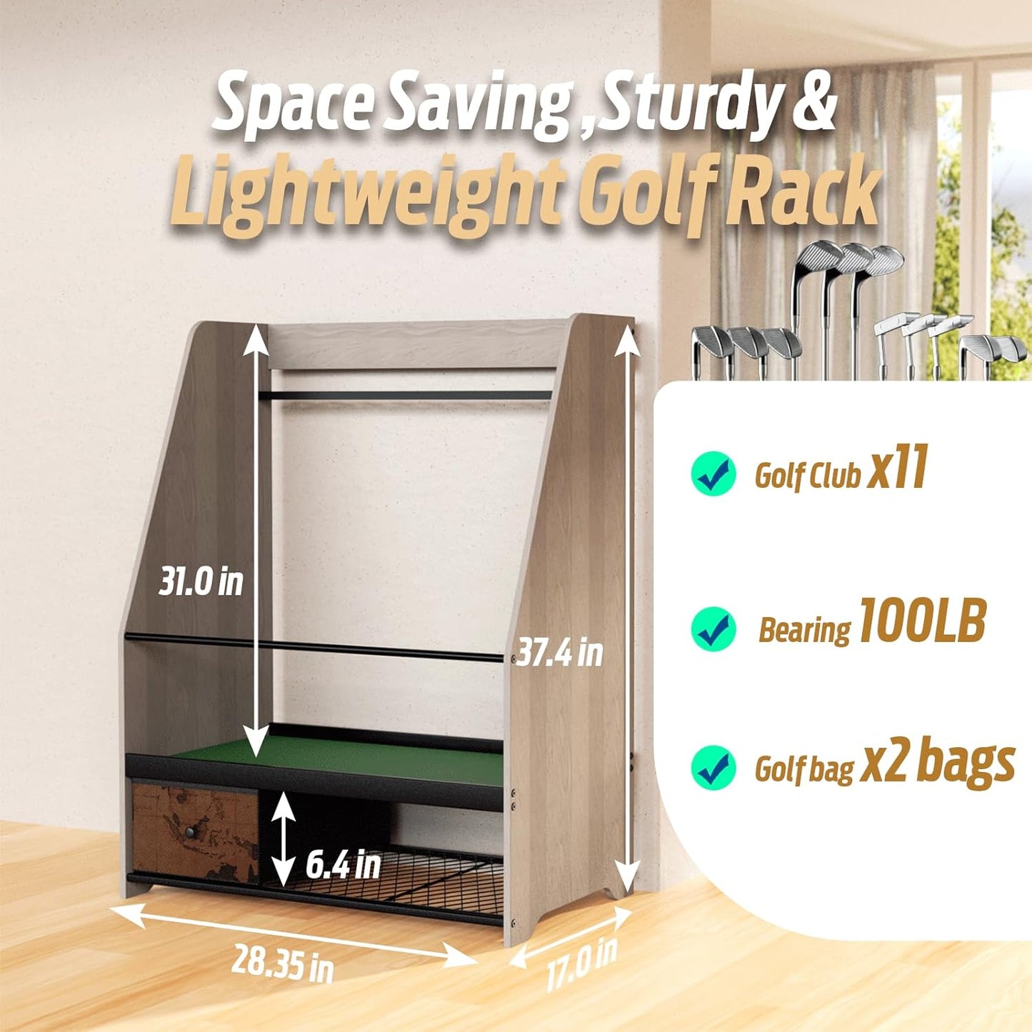 Golf Bag Organizer Storage for 2 Bags with Drawer – Easy Assemble Golf Club Stand Ideal for Garage, Clubs and Basement