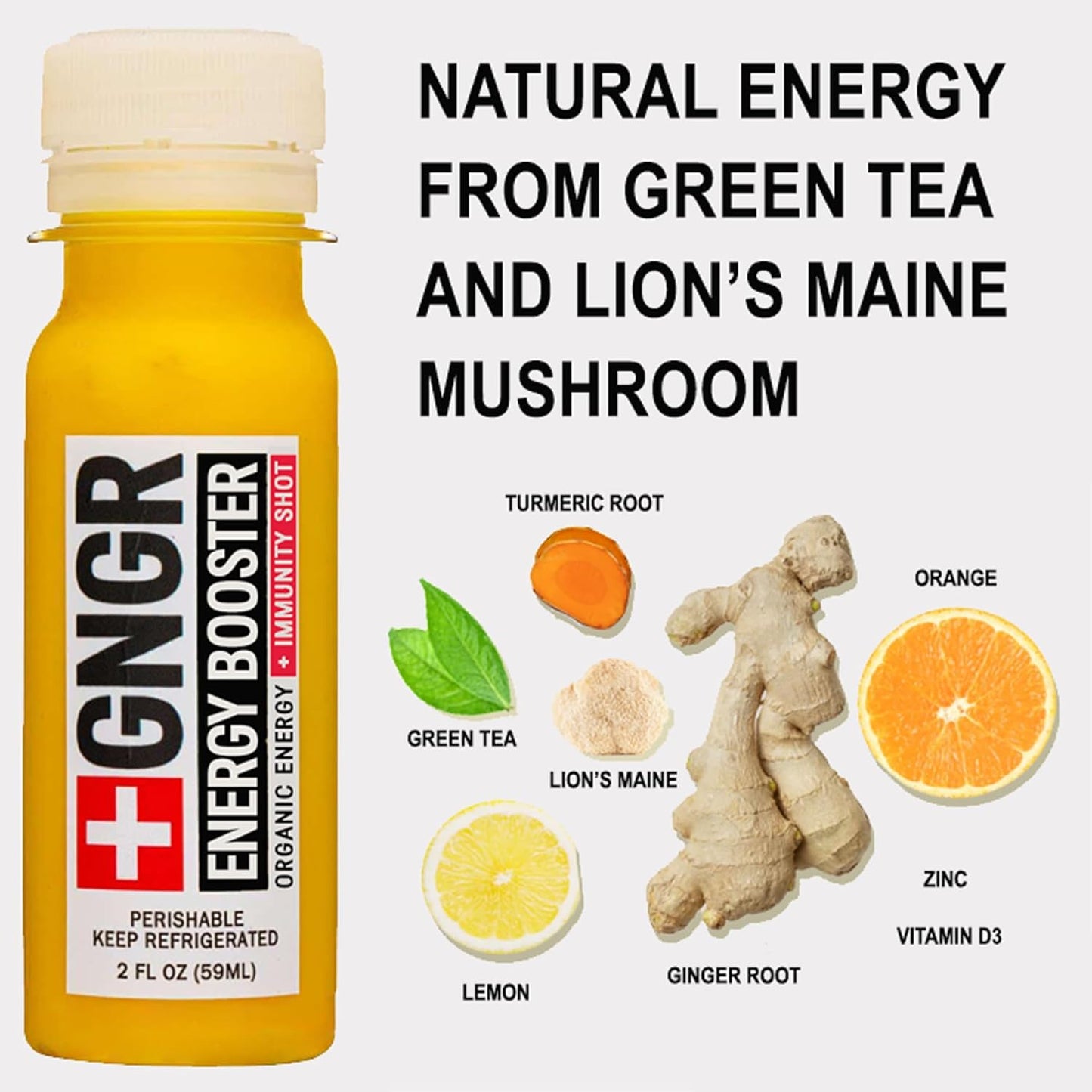 +GNGR Energy Booster & Immunity Shot, Cold-Pressed Ginger Shots with Lions Mane, 75mg of Natural Caffeine Green Tea, Turmeric Root, Vitamin D & Zinc for All Natural Immune Support (2 Oz, Pack of 12)